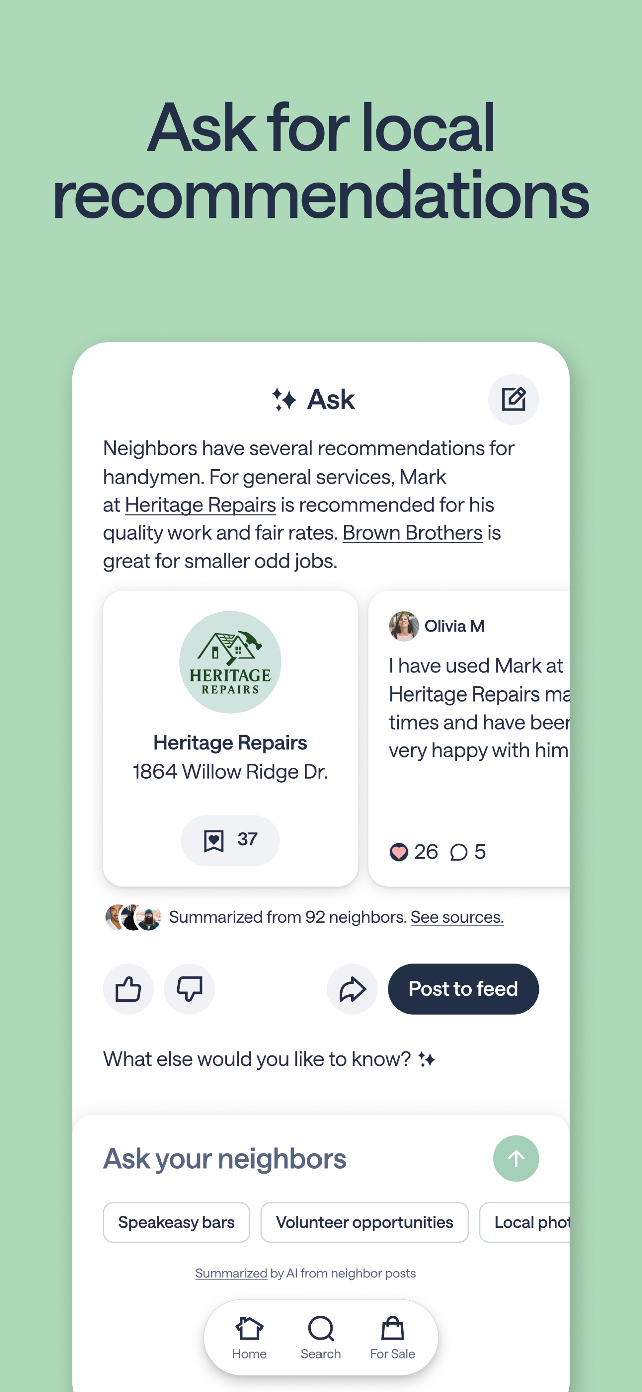 Nextdoor App Store screenshot 7: Ask for local recommendations