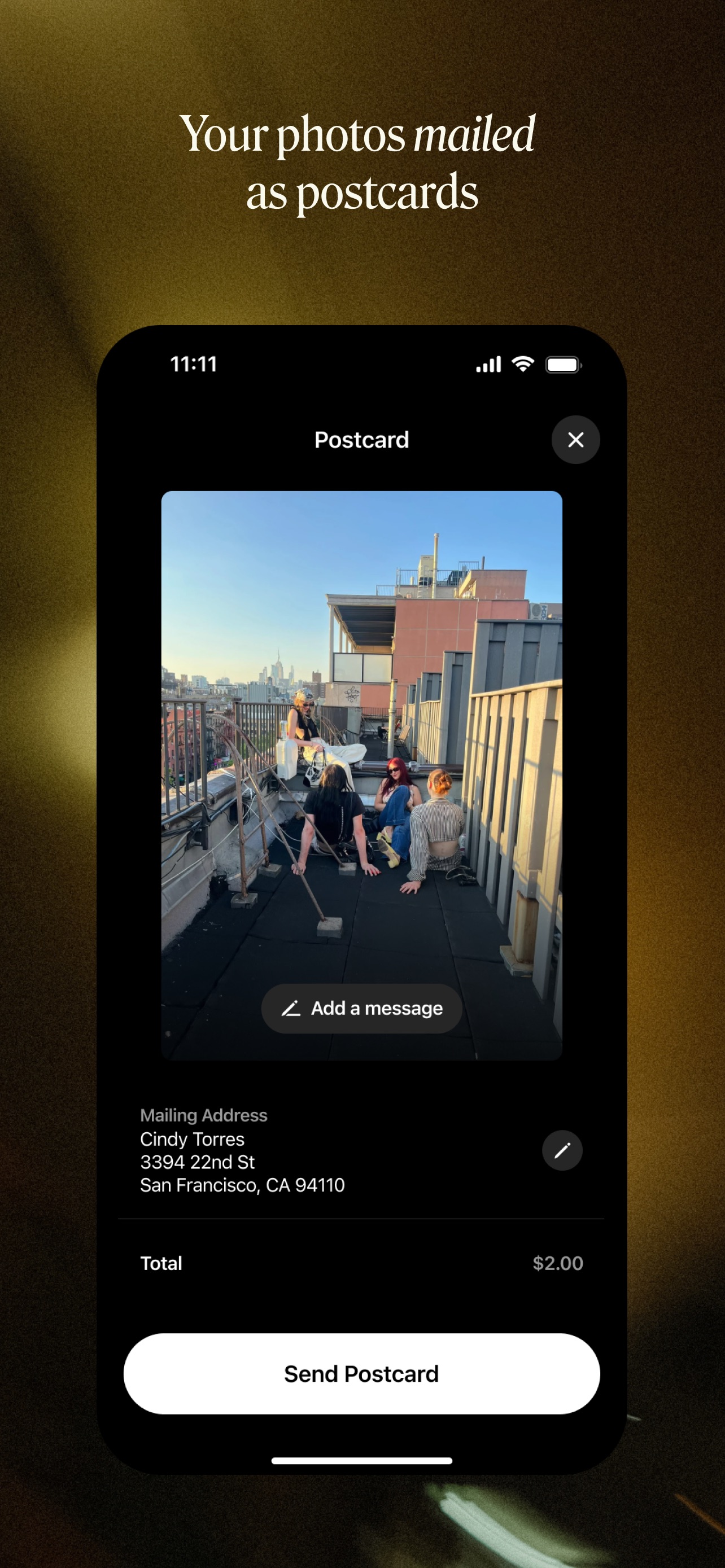 Retro App Store screenshot: Your photos mailed as postcards