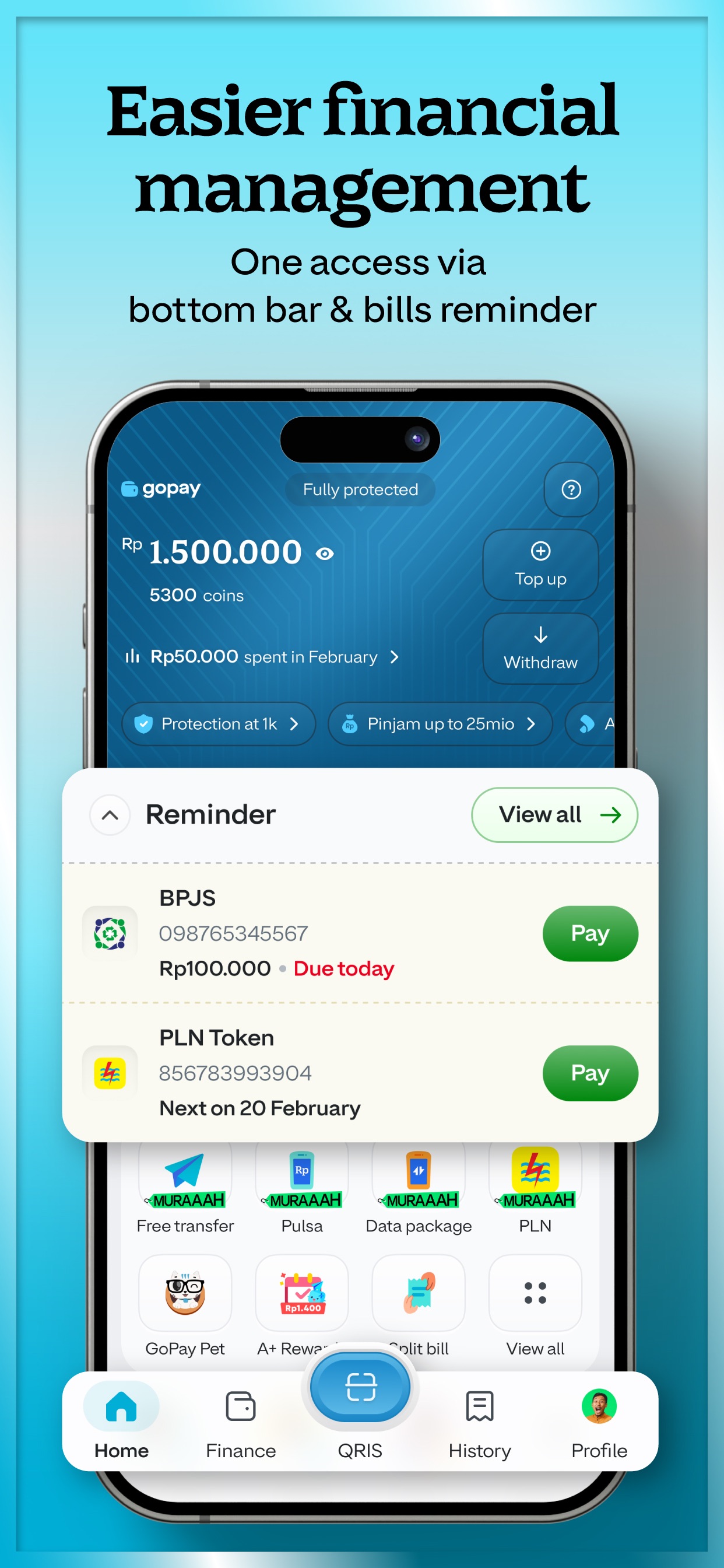 GoPay App Store screenshot: Easier financial management
One access via bottom bar & bills reminder