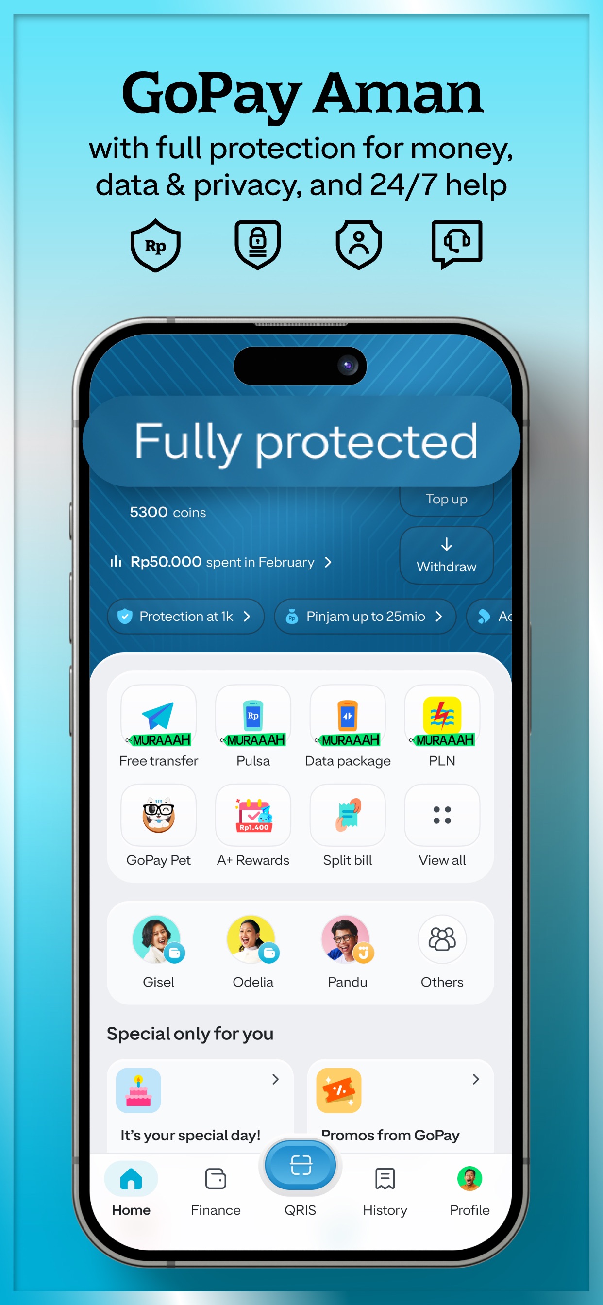 GoPay App Store screenshot 8: GoPay Aman
with full protection for money, data & privacy, and 24/7 help