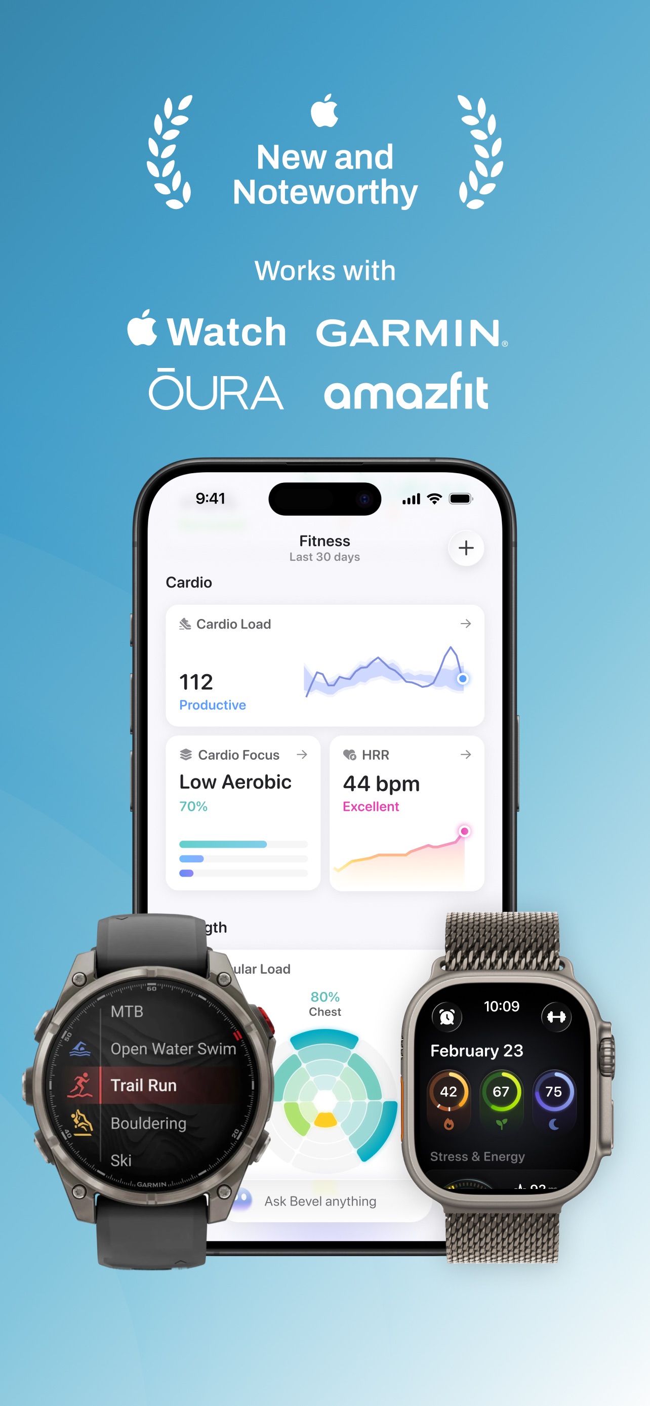 Bevel App Store screenshot: New and Noteworthy Works with Apple Watch GARMIN OURA amazfit