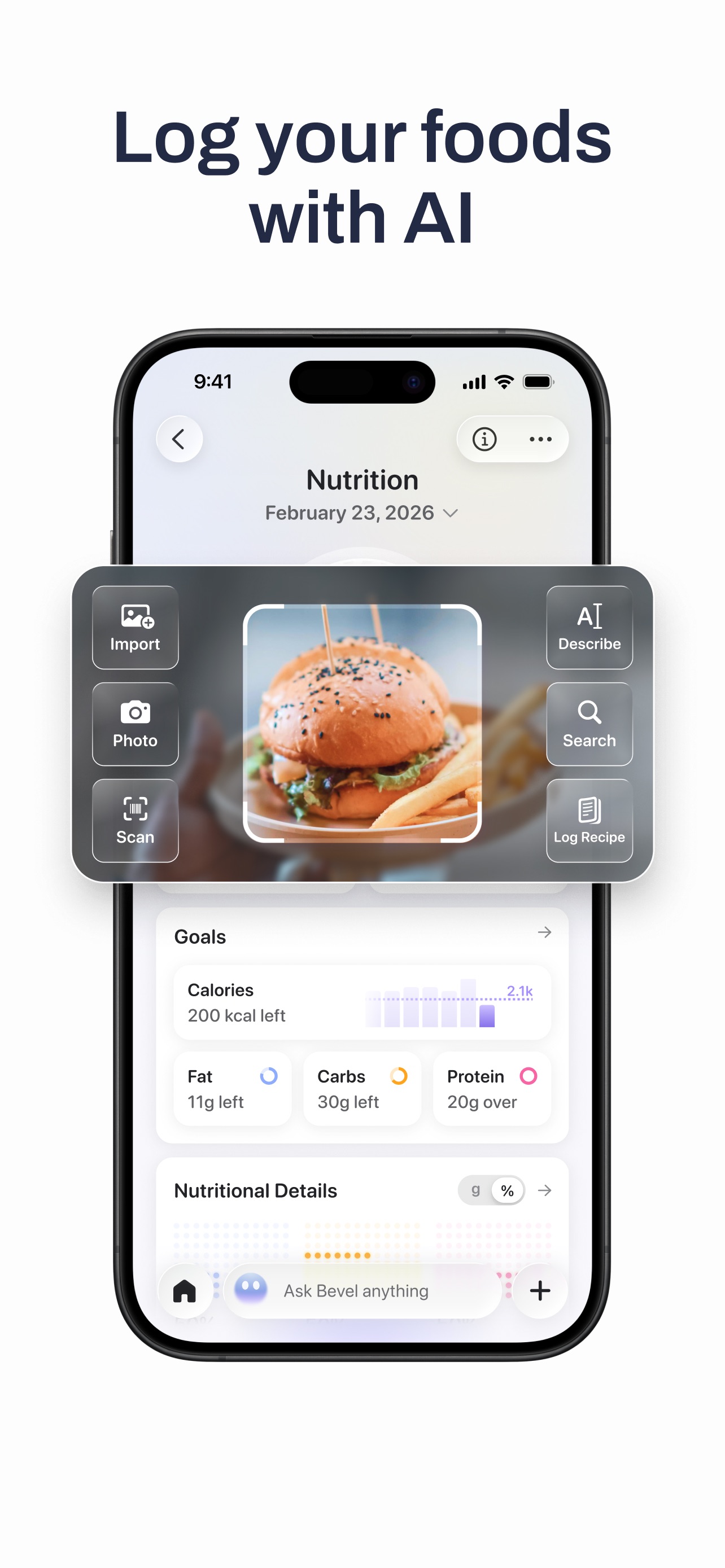 Bevel App Store screenshot: Log your foods with AI