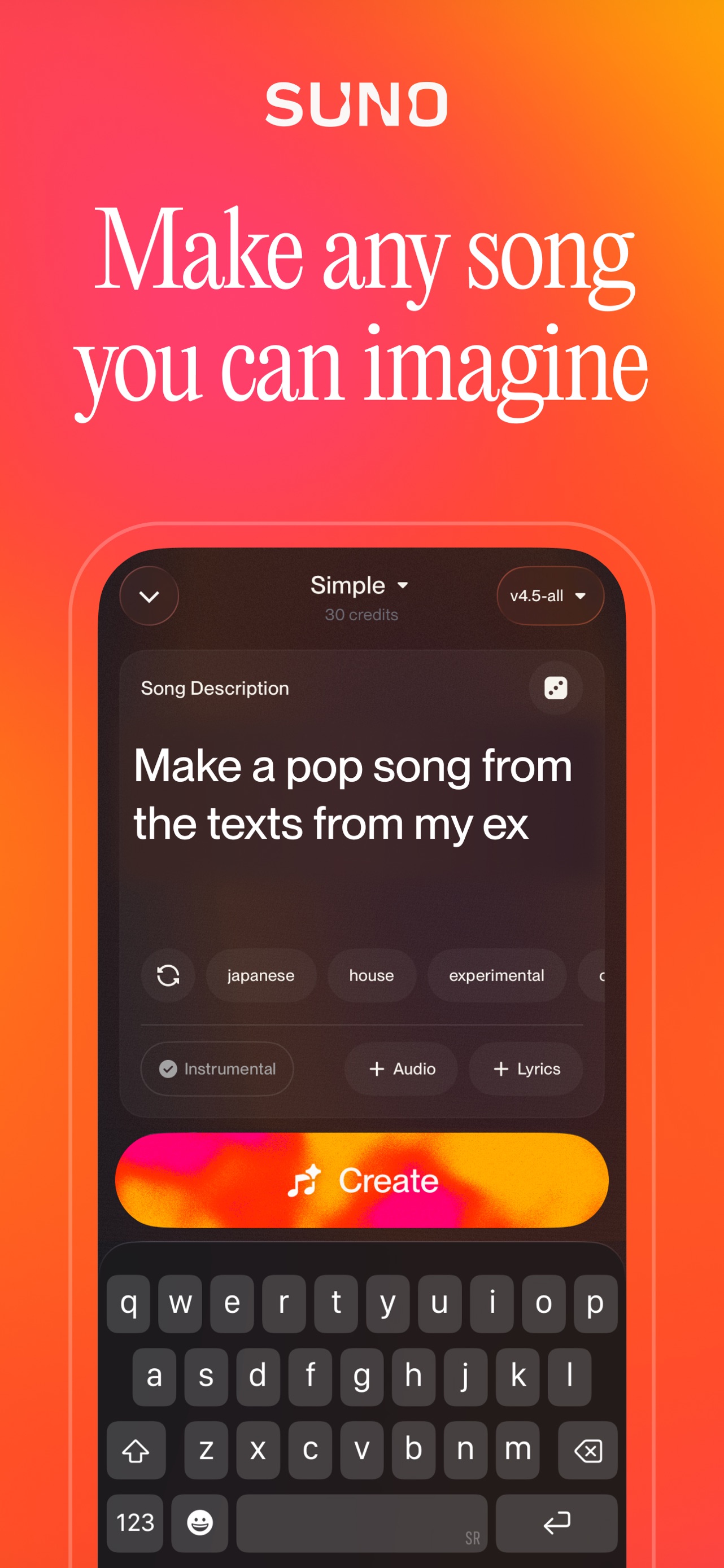 Suno App Store screenshot: Make any song you can imagine