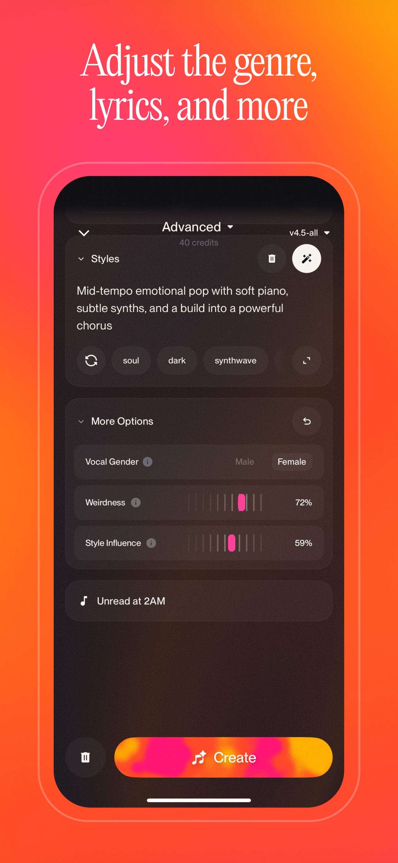 Suno App Store screenshot: Adjust the genre, lyrics, and more