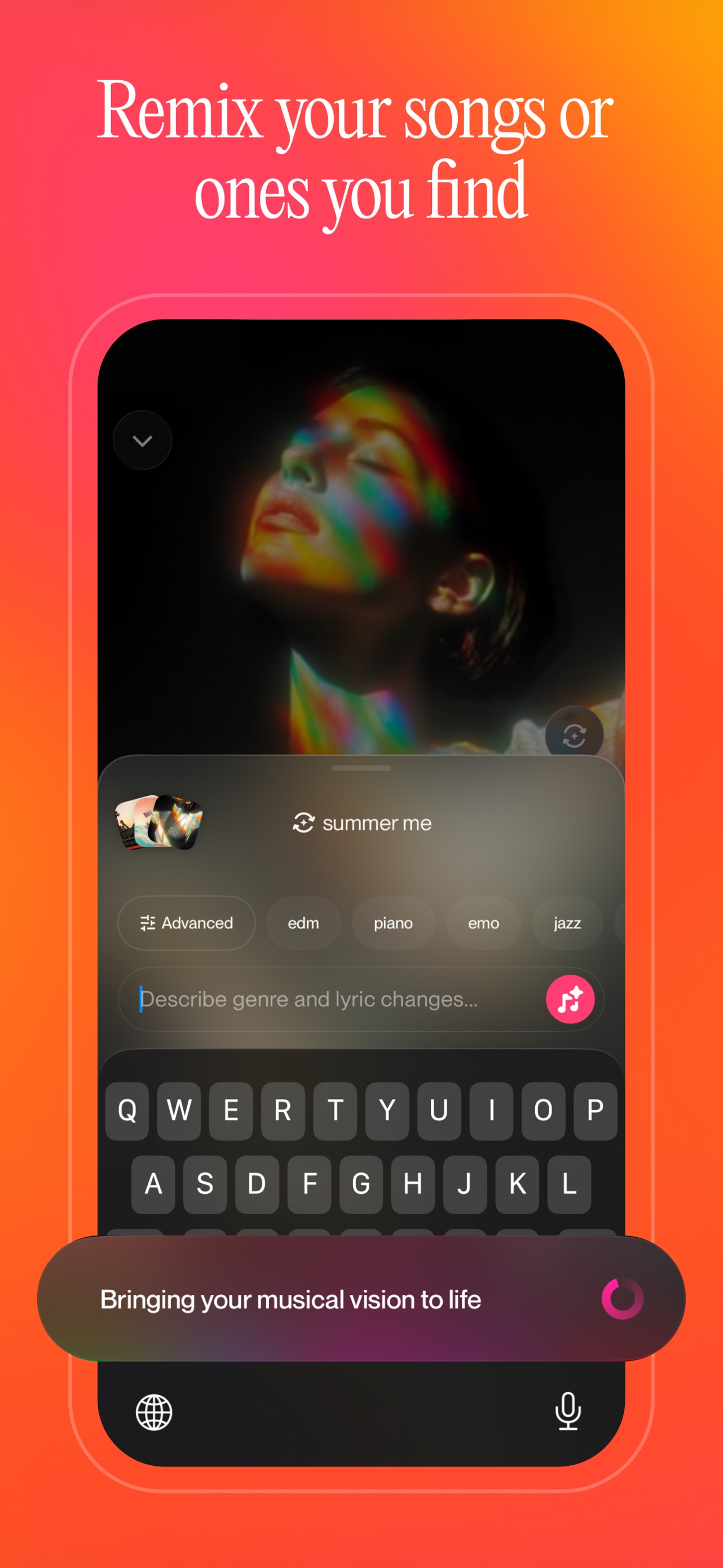 Suno App Store screenshot: Remix your songs or ones you find