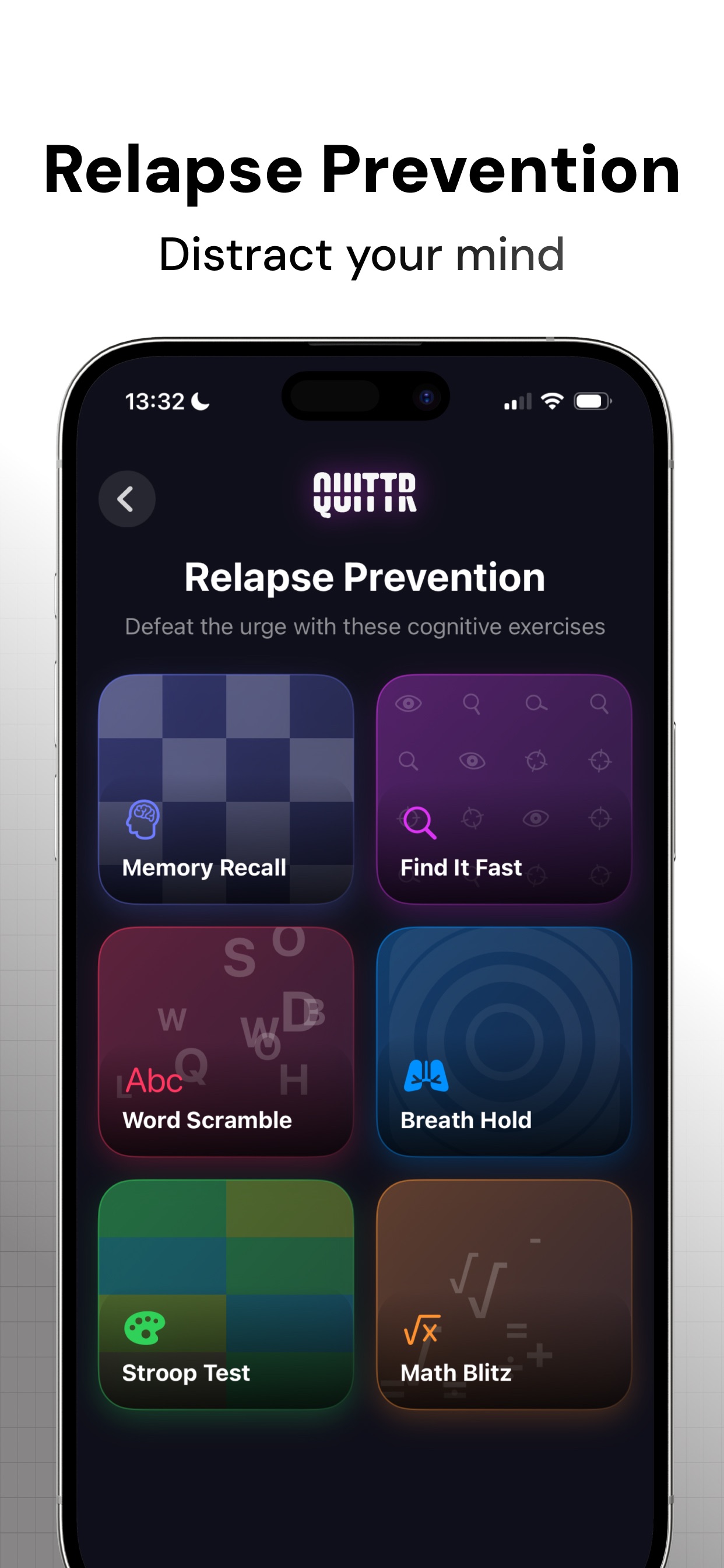 QUITTR App Store screenshot: Relapse Prevention Distract your mind