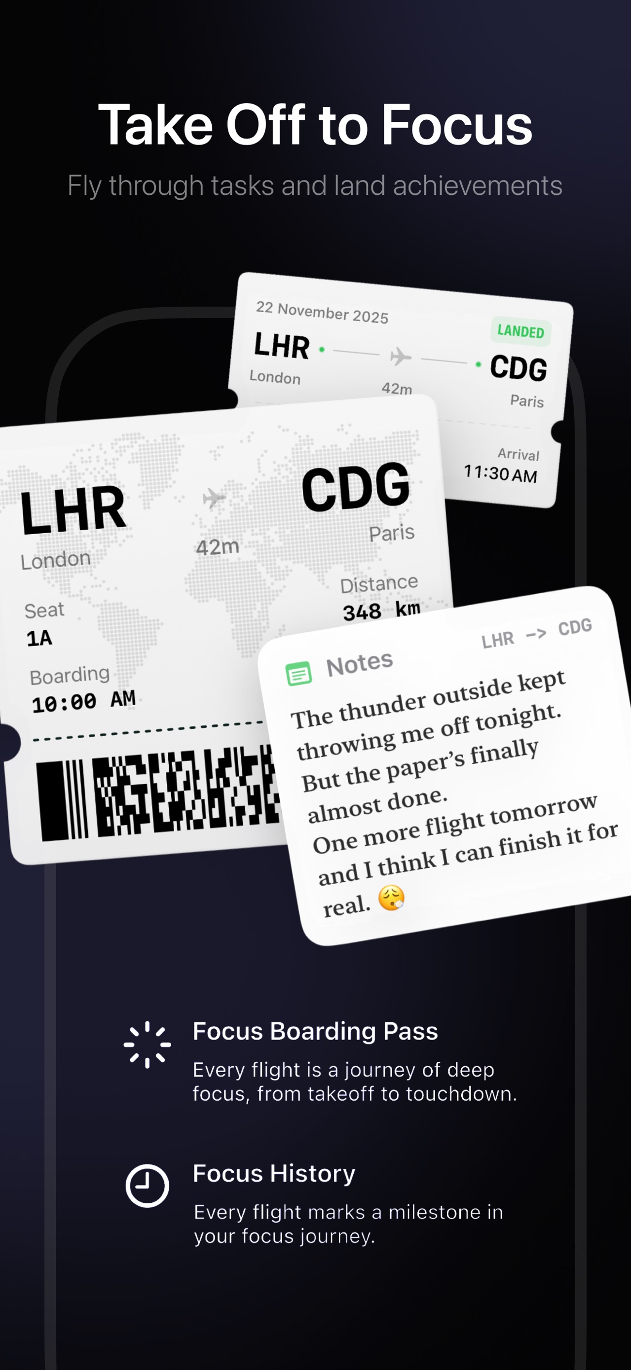 FocusFlight App Store screenshot: Take Off to Focus
Fly through tasks and land achievements