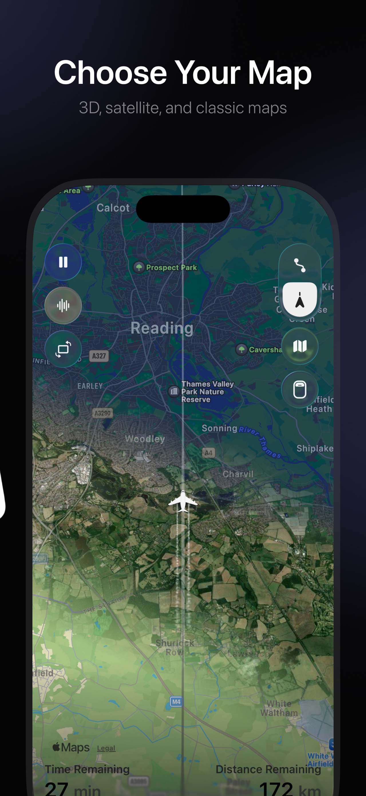FocusFlight App Store screenshot: Choose Your Map
3D, satellite, and classic maps