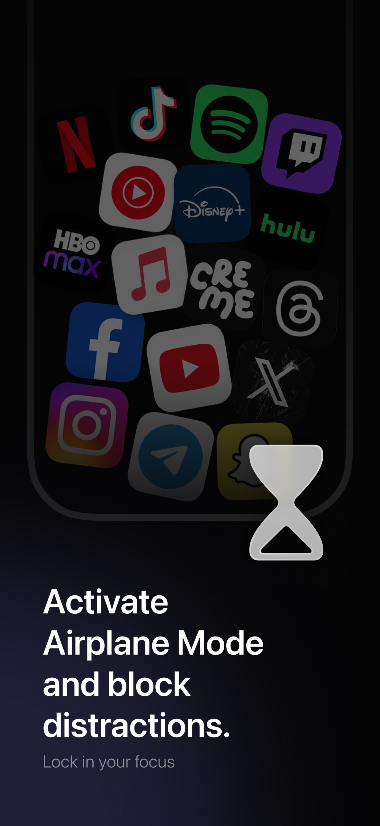 FocusFlight App Store screenshot: Activate Airplane Mode and block distractions.
Lock in your focus