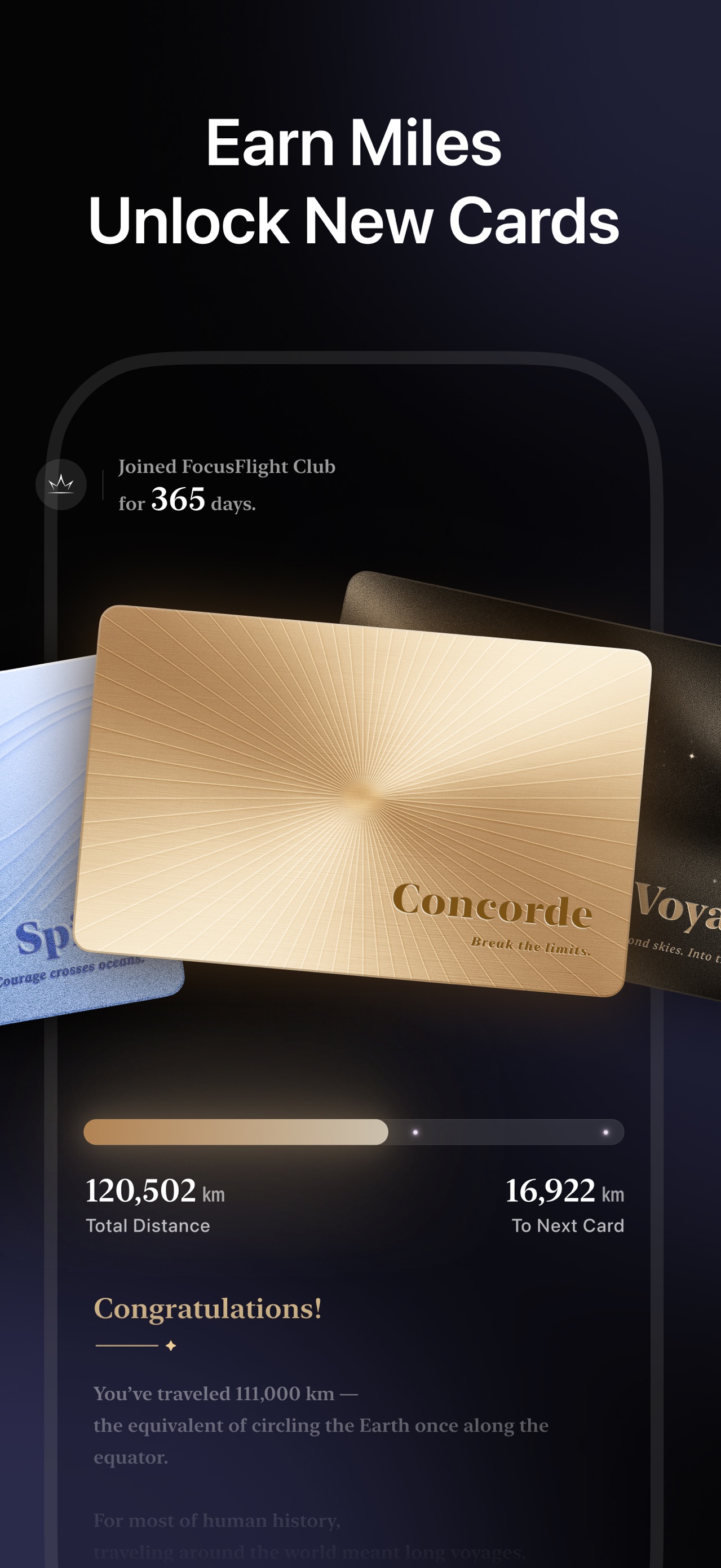 FocusFlight App Store screenshot: Earn Miles Unlock New Cards