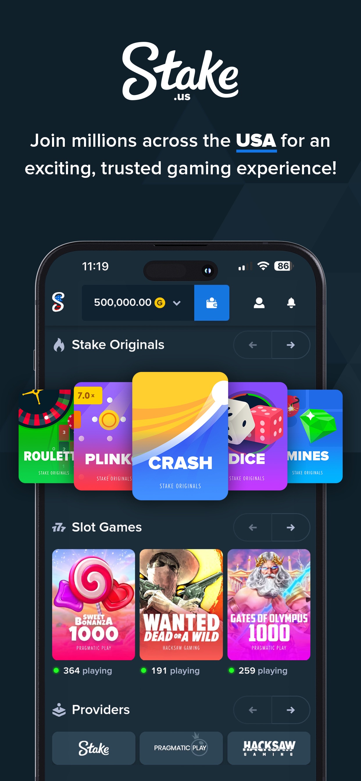 Stake App Store screenshot: Join millions across the USA for an exciting, trusted gaming experience!