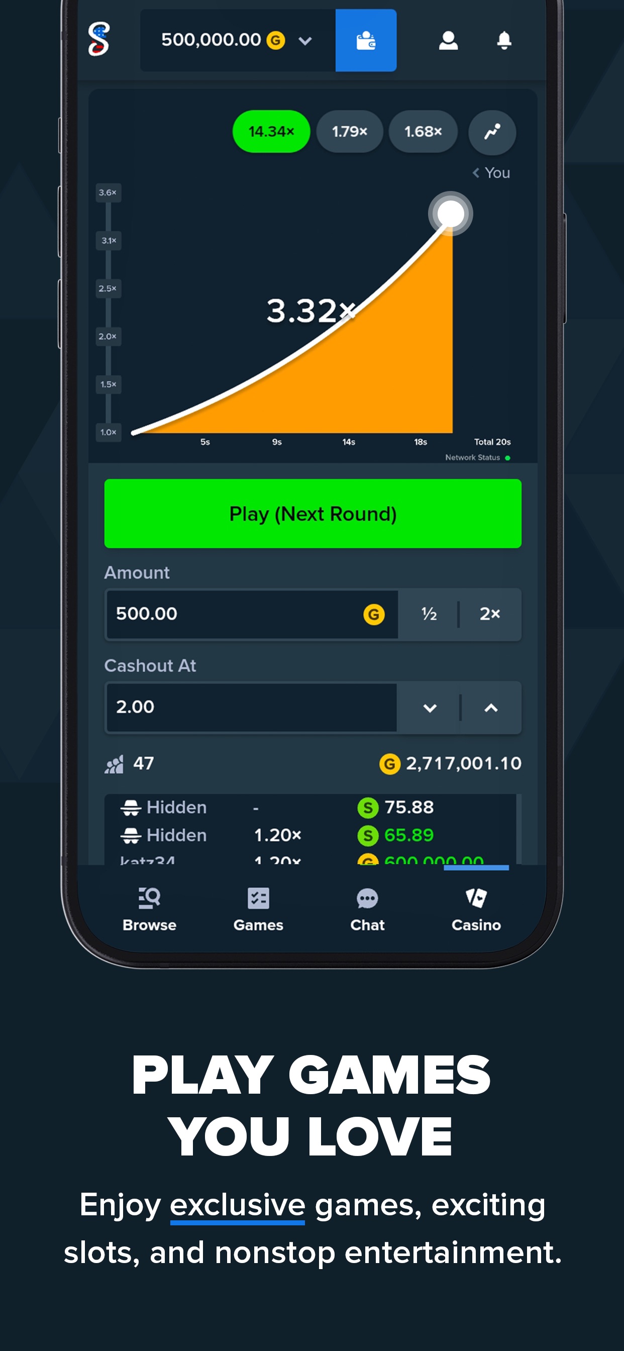 Stake App Store screenshot: PLAY GAMES YOU LOVE

Enjoy exclusive games, exciting slots, and nonstop entertainment.