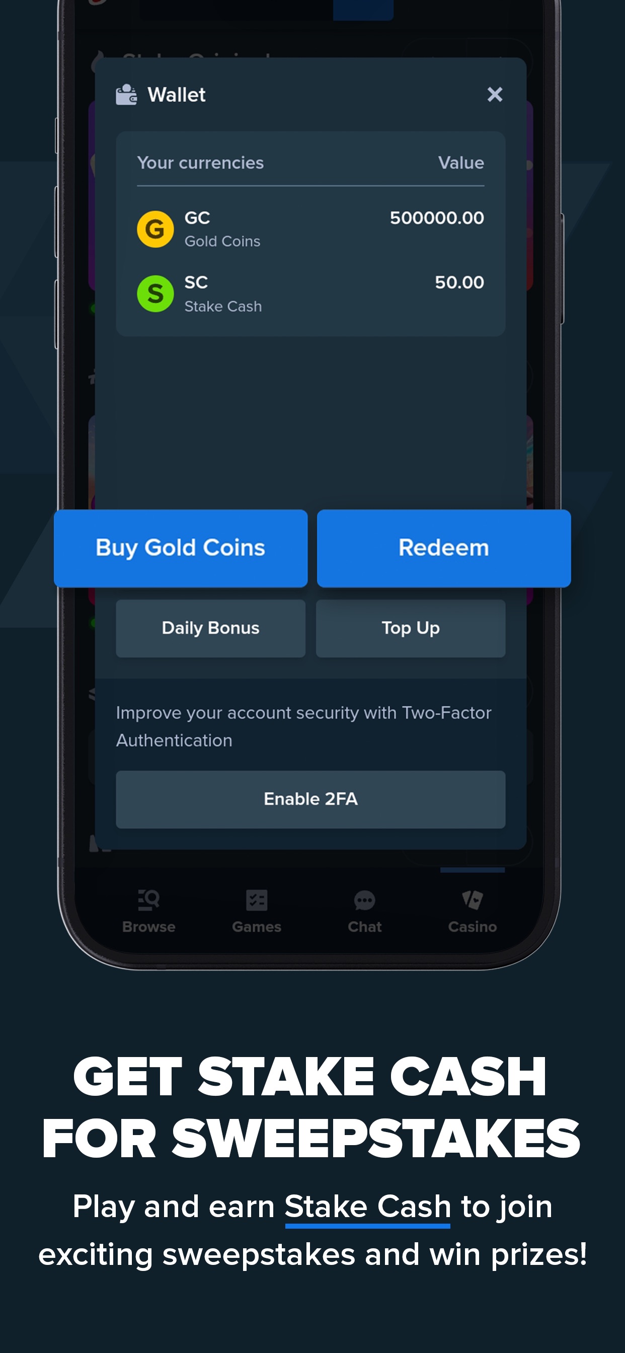 Stake App Store screenshot: GET STAKE CASH FOR SWEEPSTAKES

Play and earn Stake Cash to join exciting sweepstakes and win prizes!