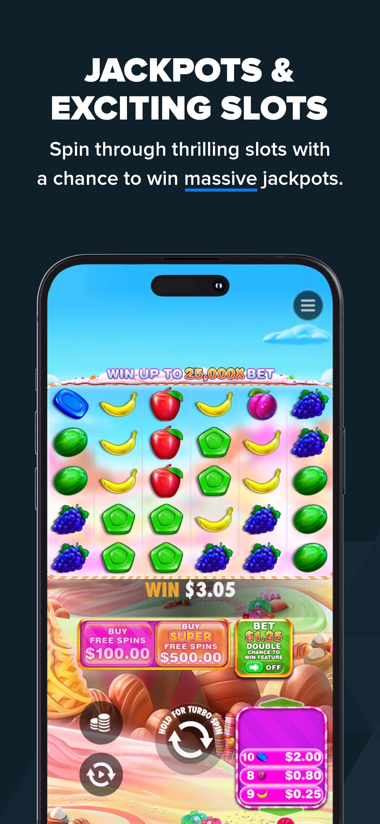 Stake App Store screenshot: JACKPOTS & EXCITING SLOTS

Spin through thrilling slots with a chance to win massive jackpots.