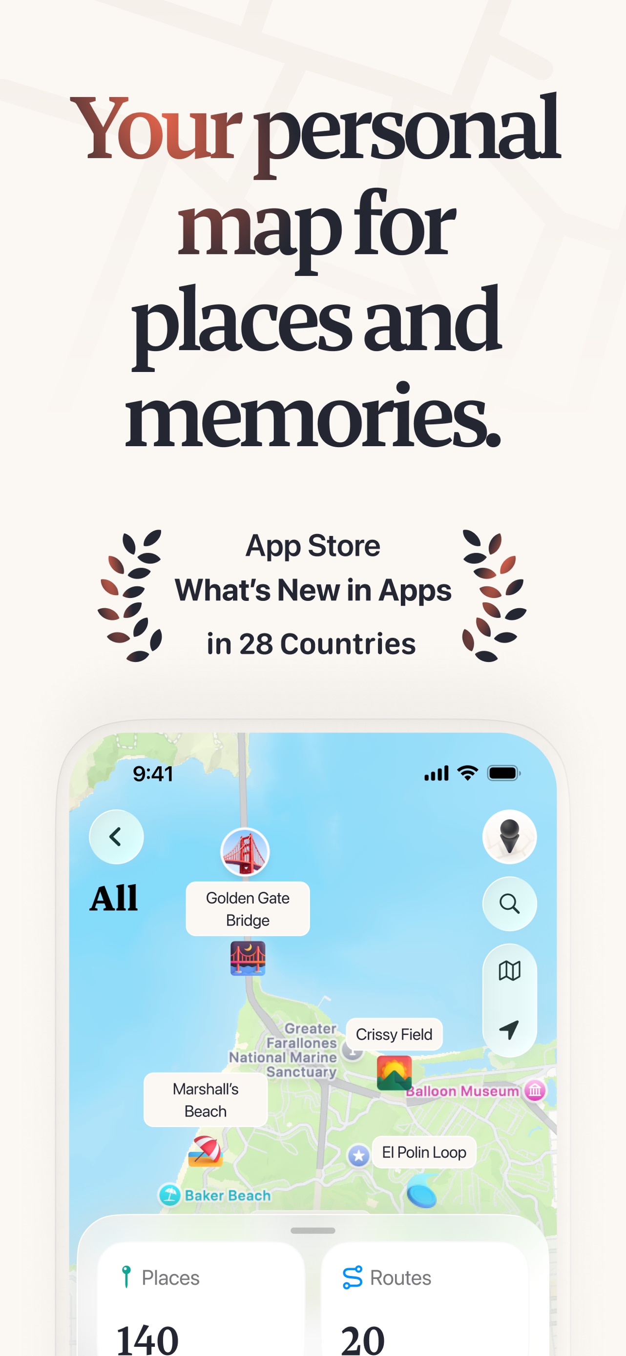 Placify App Store screenshot: Your personal map for places and memories.