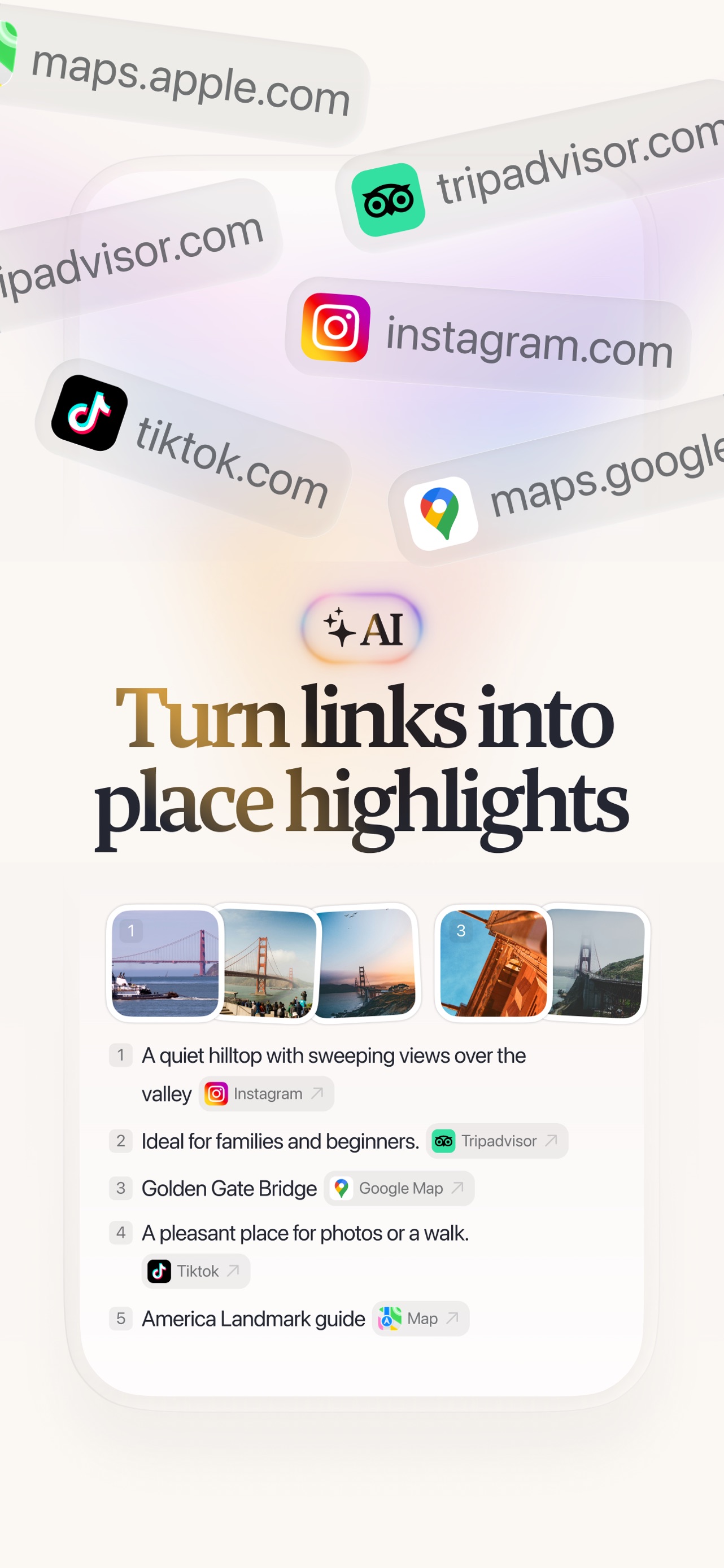 Placify App Store screenshot: Turn links into place highlights