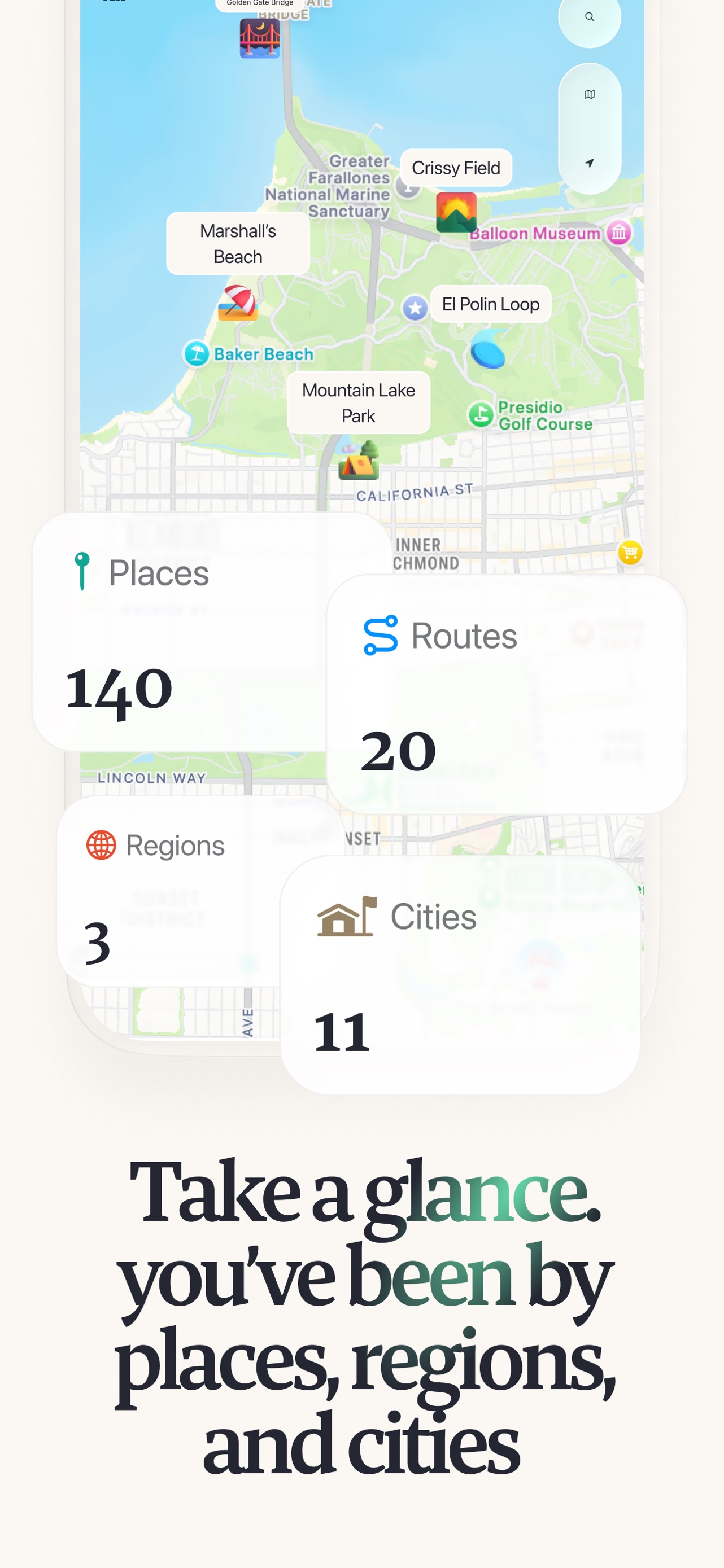 Placify App Store screenshot: Take a glance. you've been by places, regions, and cities