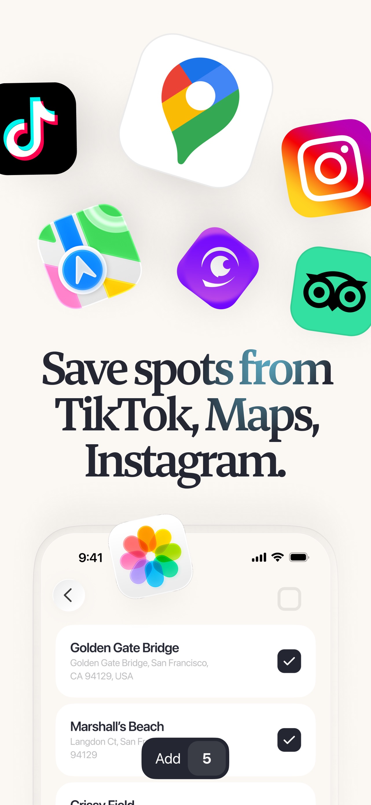 Placify App Store screenshot 6: Save spots from TikTok, Maps, Instagram.