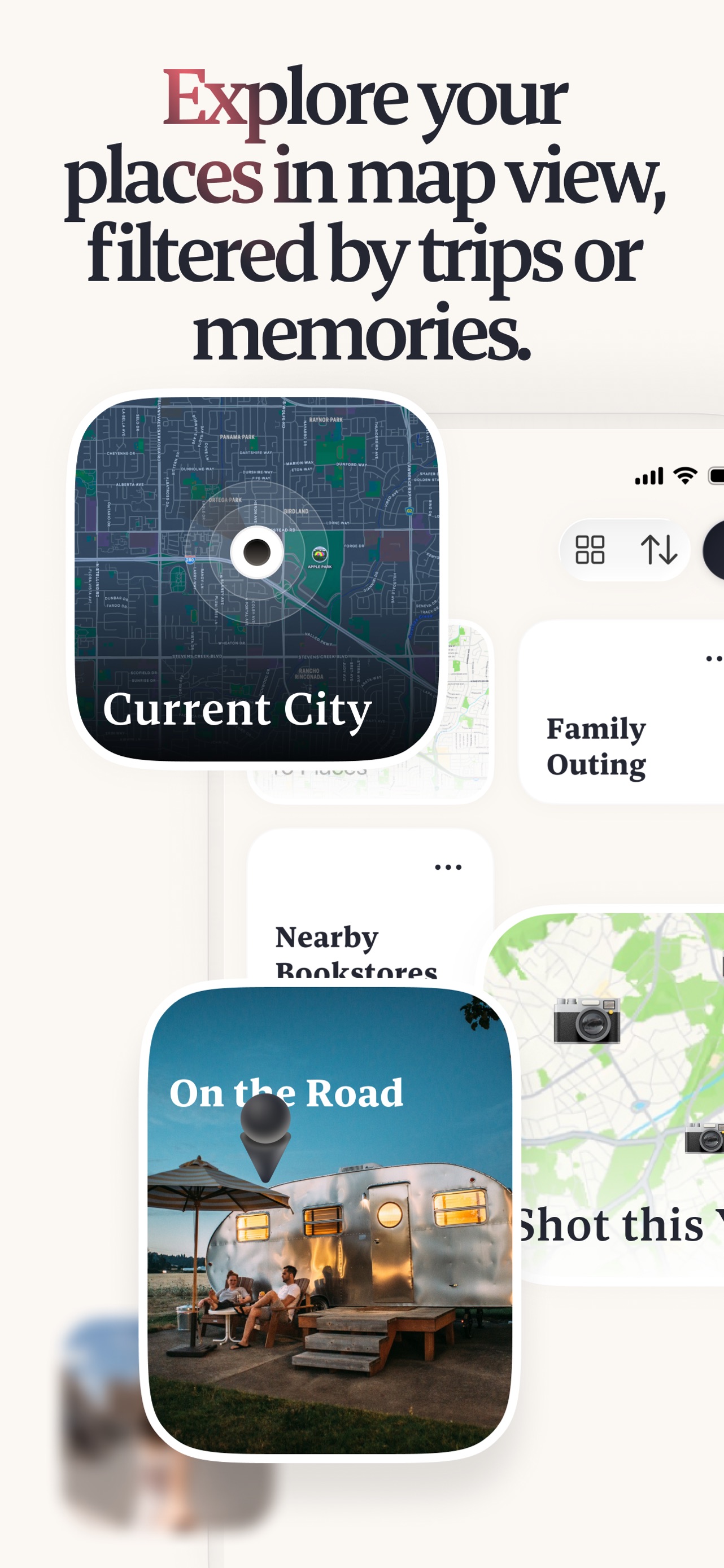Placify App Store screenshot: Explore your places in map view, filtered by trips or memories.
