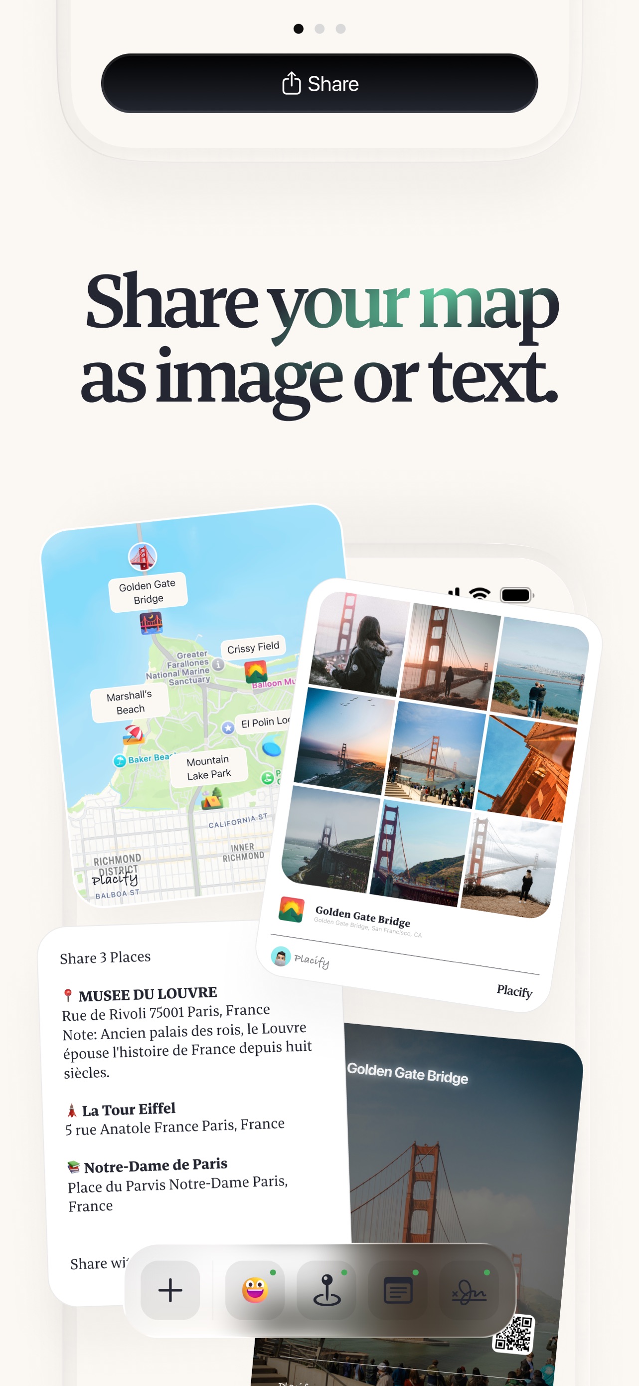 Placify App Store screenshot 9: Share your map as image or text.