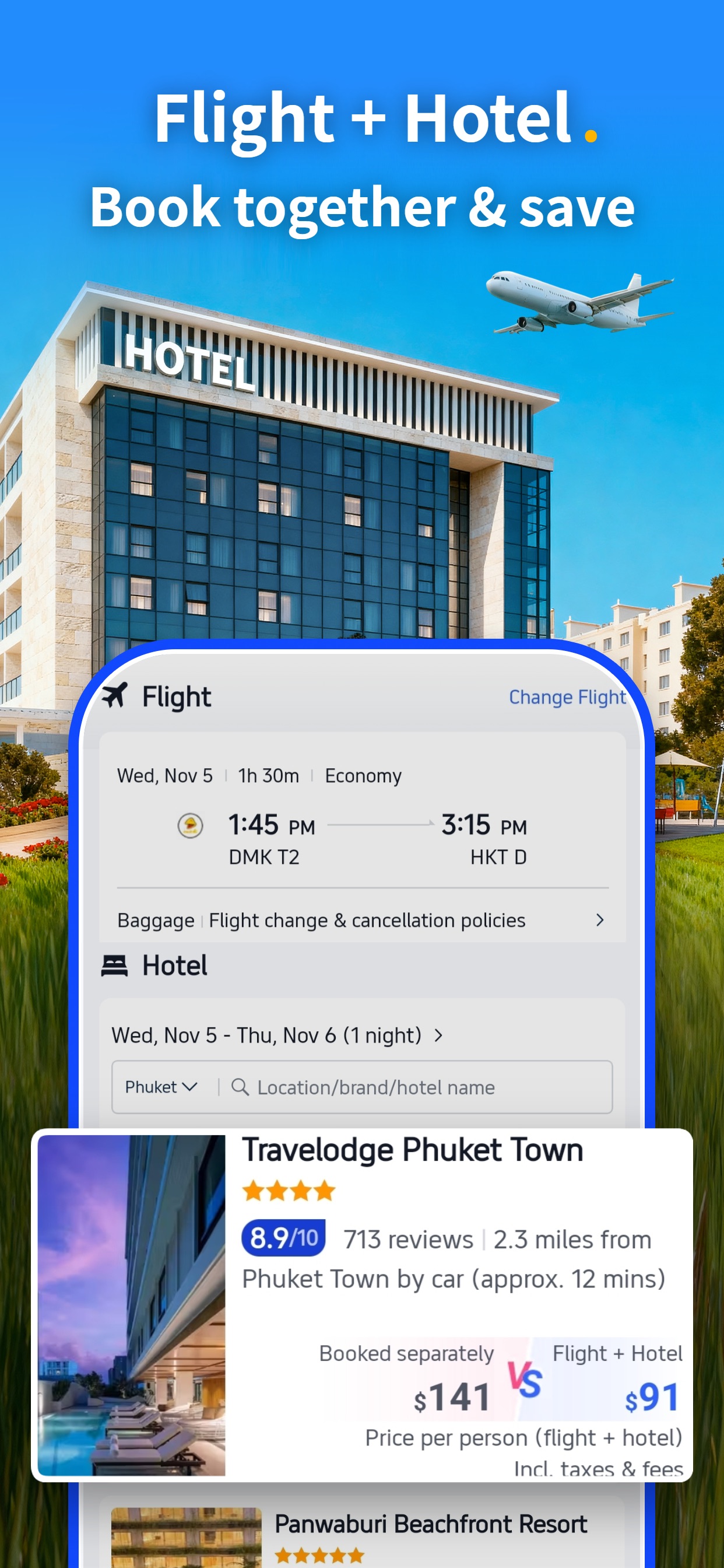 Trip.com App Store screenshot: Flight + Hotel. Book together & save