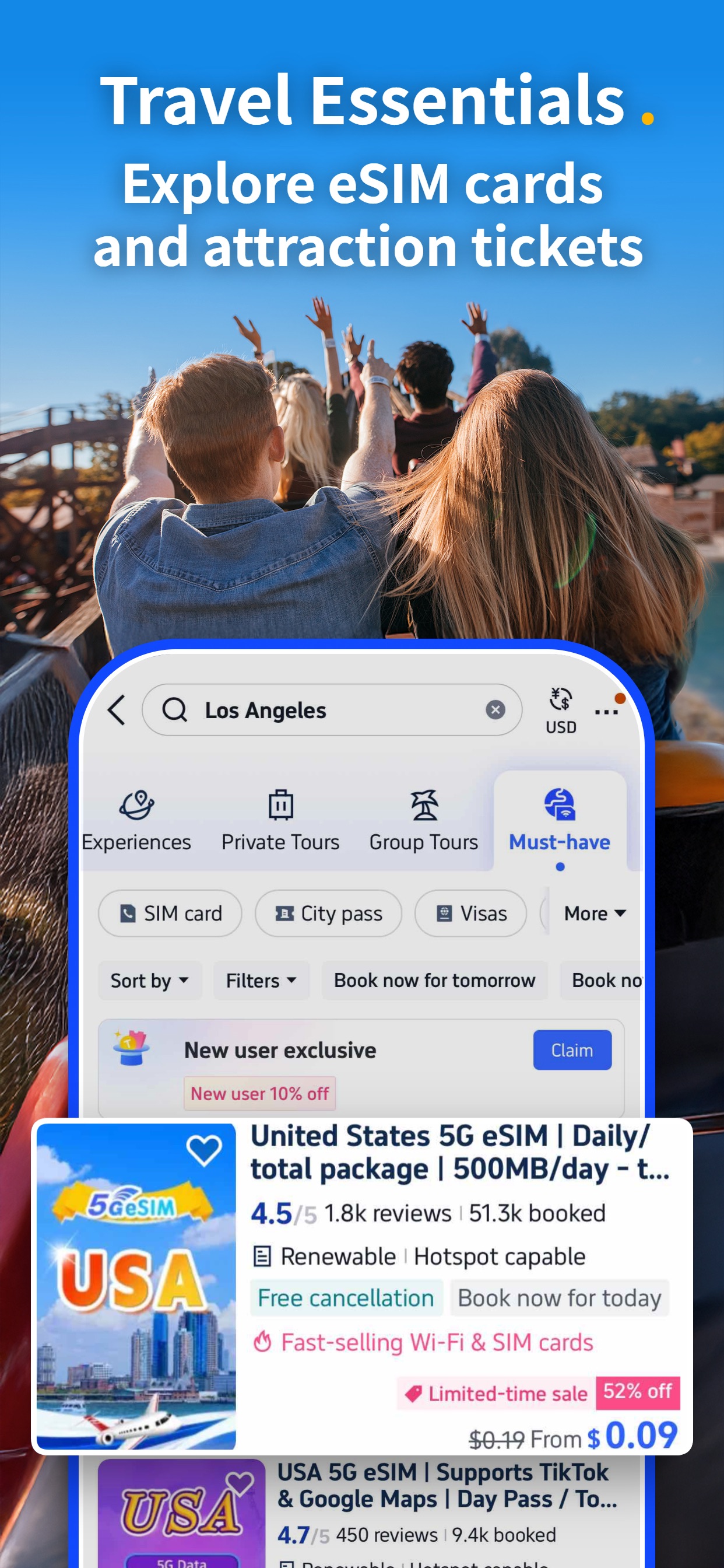 Trip.com App Store screenshot 5: Travel Essentials. Explore eSIM cards and attraction tickets