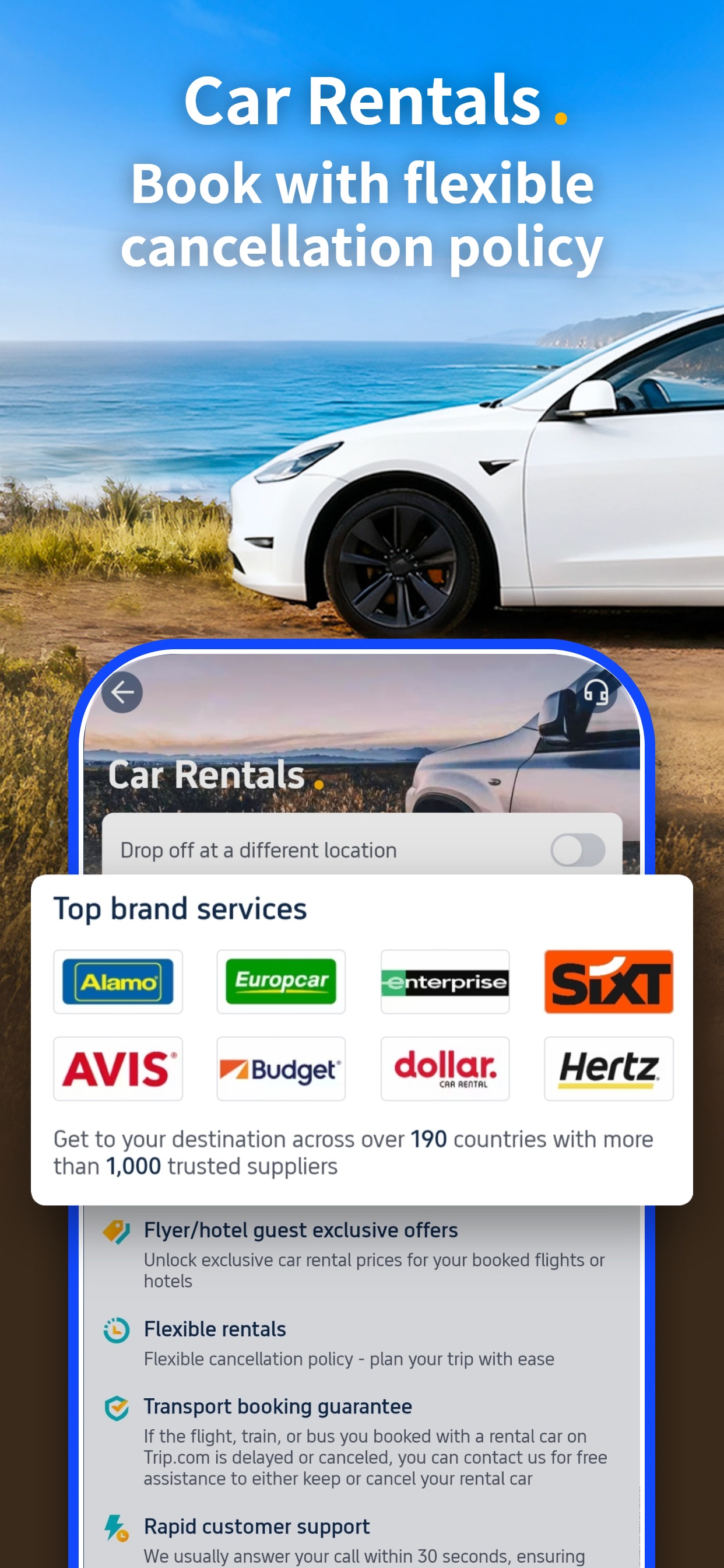 Trip.com App Store screenshot: Car Rentals. Book with flexible cancellation policy