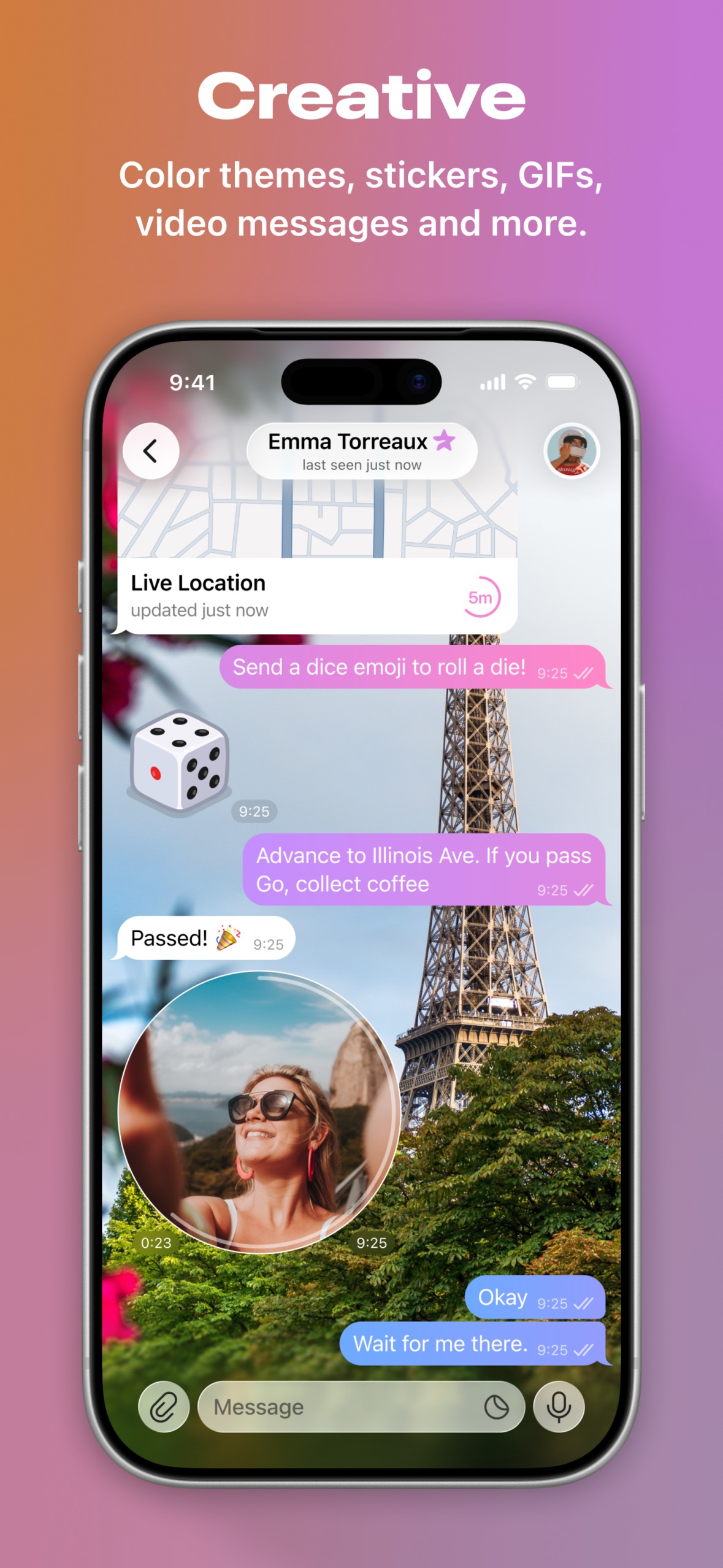 Telegram App Store screenshot: Creative
Color themes, stickers, GIFs, video messages and more.