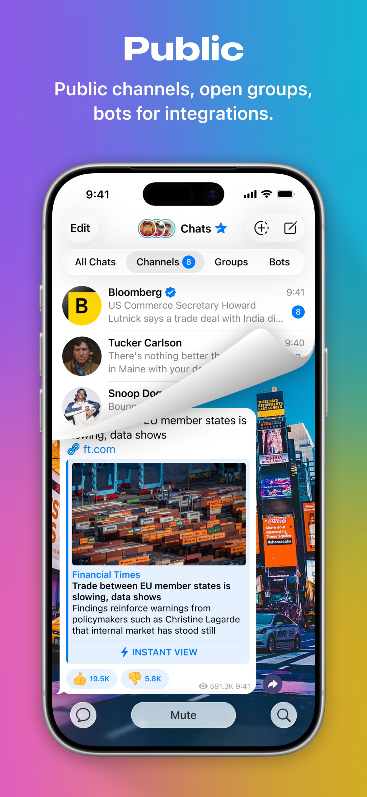 Telegram App Store screenshot 7: Public
Public channels, open groups, bots for integrations.