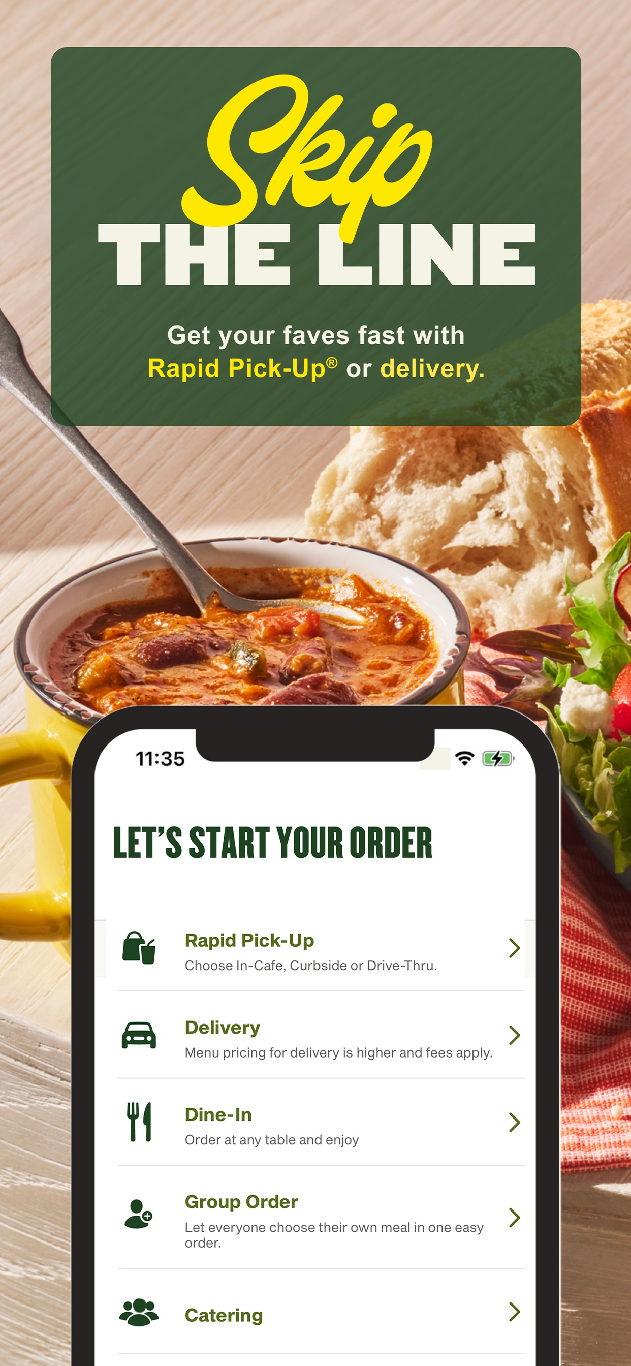 Panera Bread App Store screenshot: Skip THE LINE Get your faves fast with Rapid Pick-Up® or delivery.