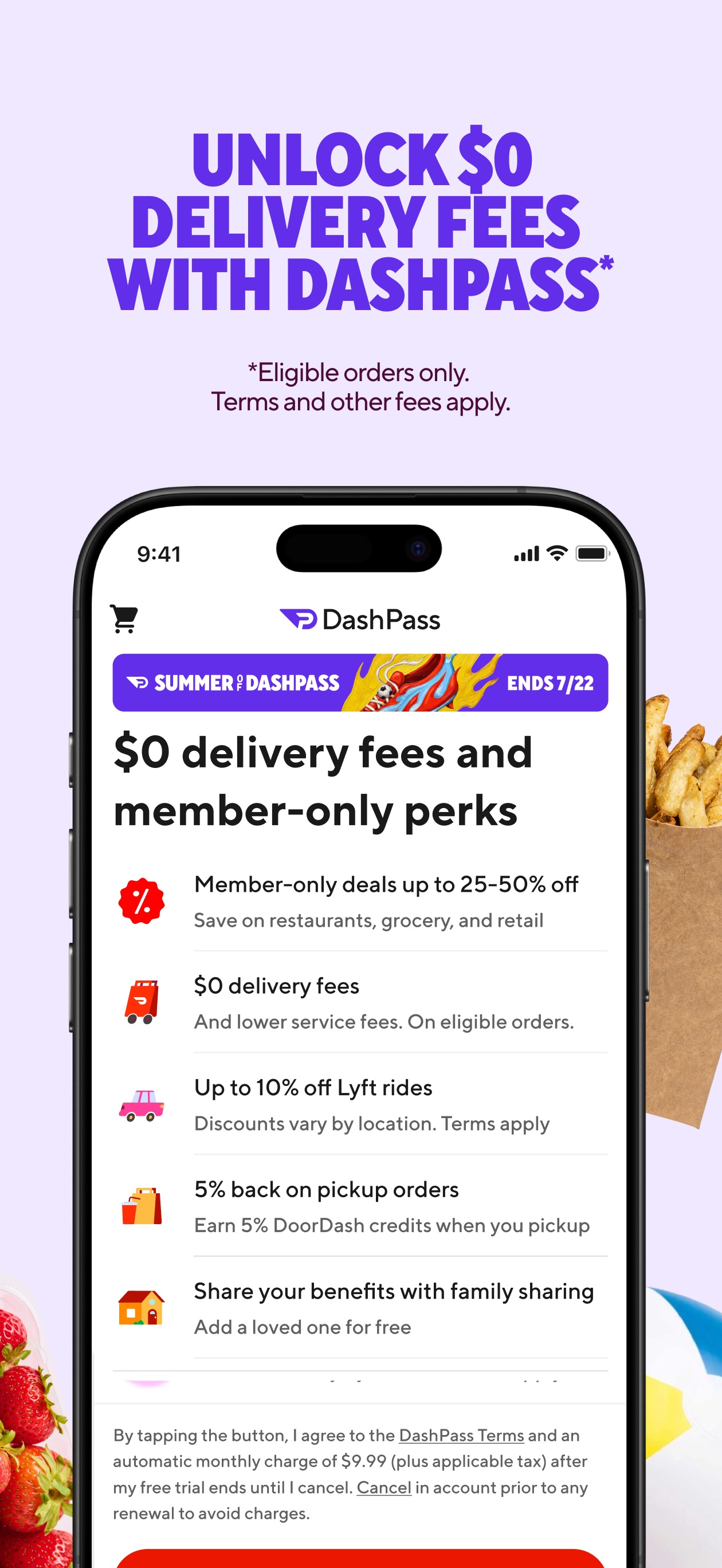 DoorDash App Store screenshot: UNLOCK $0 DELIVERY FEES WITH DASHPASS*