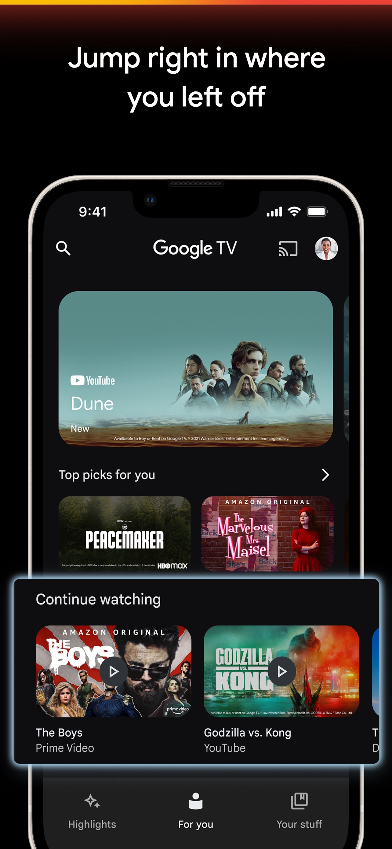Google TV App Store screenshot: Jump right in where you left off