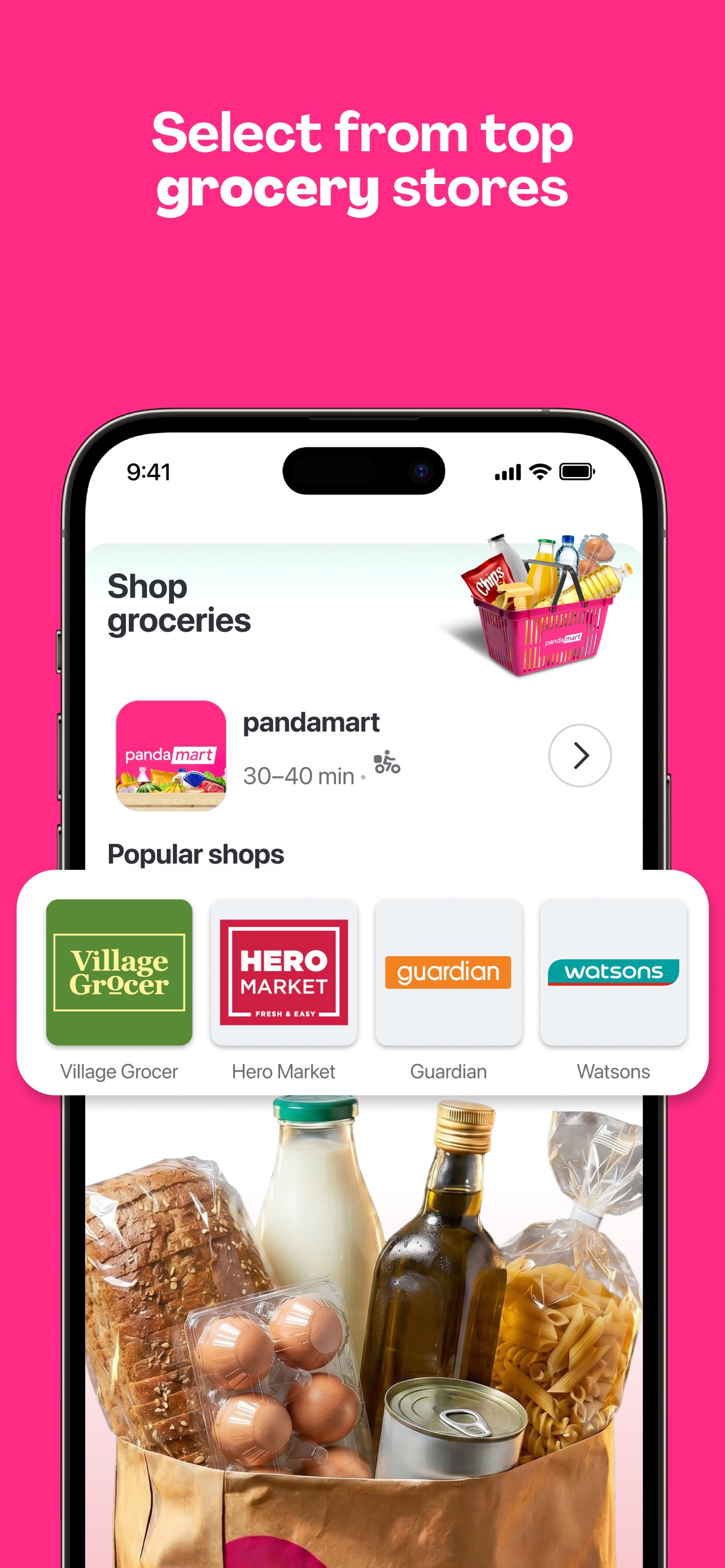 foodpanda App Store screenshot: Select from top grocery stores