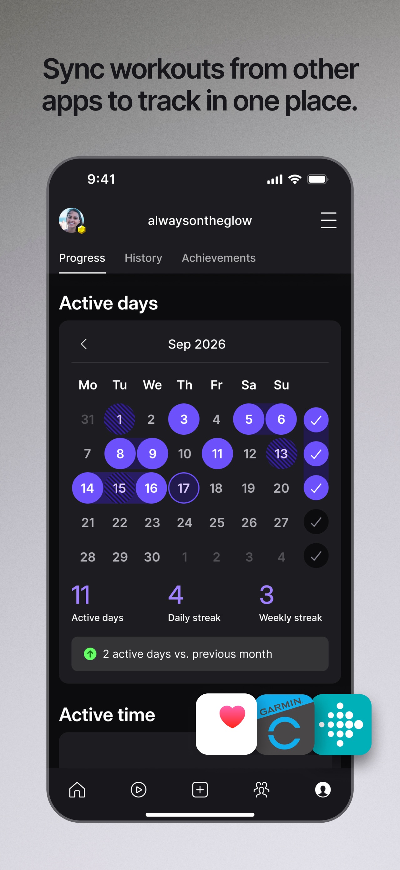 Peloton App Store screenshot: Sync workouts from other apps to track in one place.