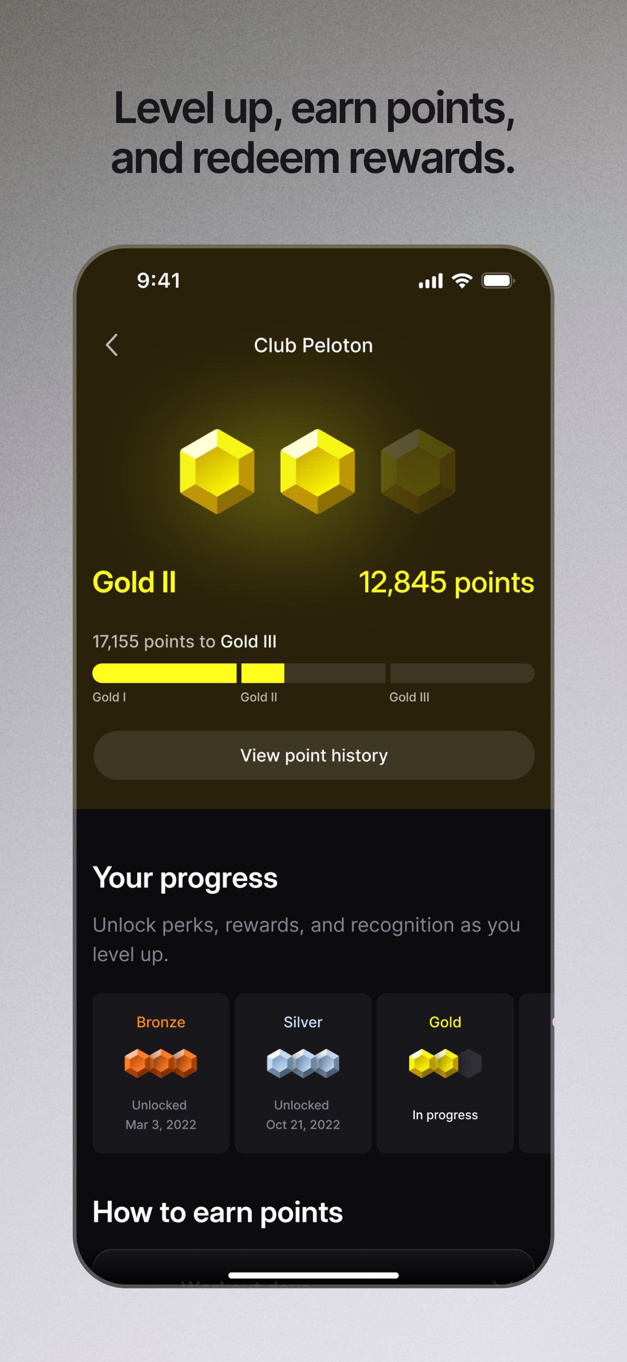 Peloton App Store screenshot: Level up, earn points, and redeem rewards.