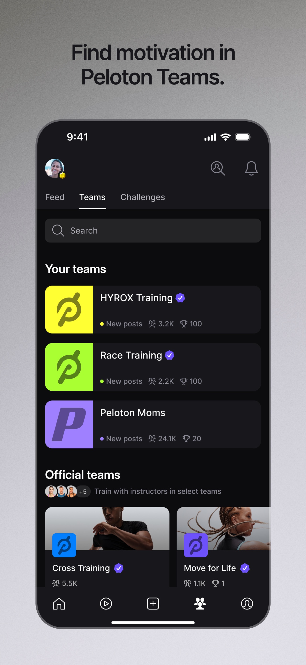 Peloton App Store screenshot: Find motivation in Peloton Teams.