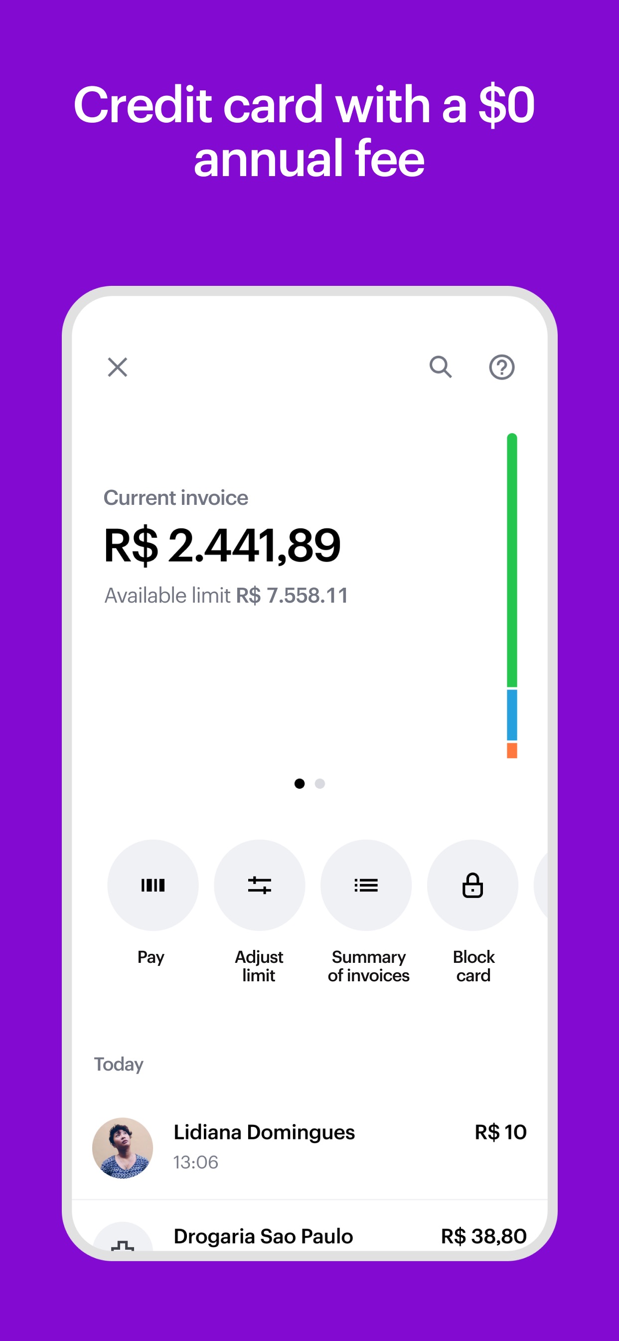 Nu App Store screenshot: Credit card with a $0 annual fee