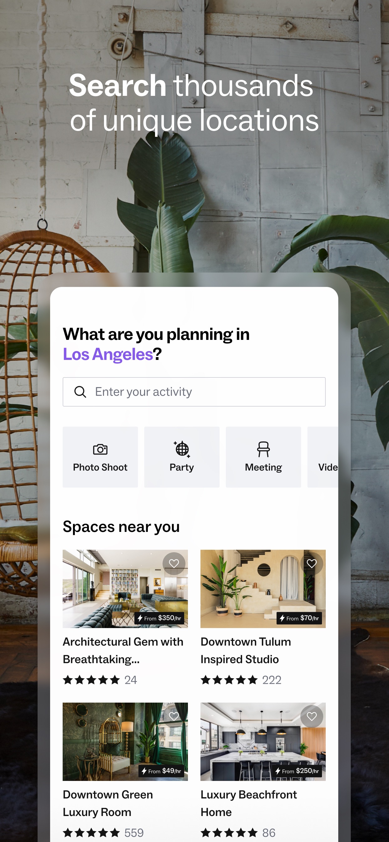 Peerspace App Store screenshot: Search thousands of unique locations