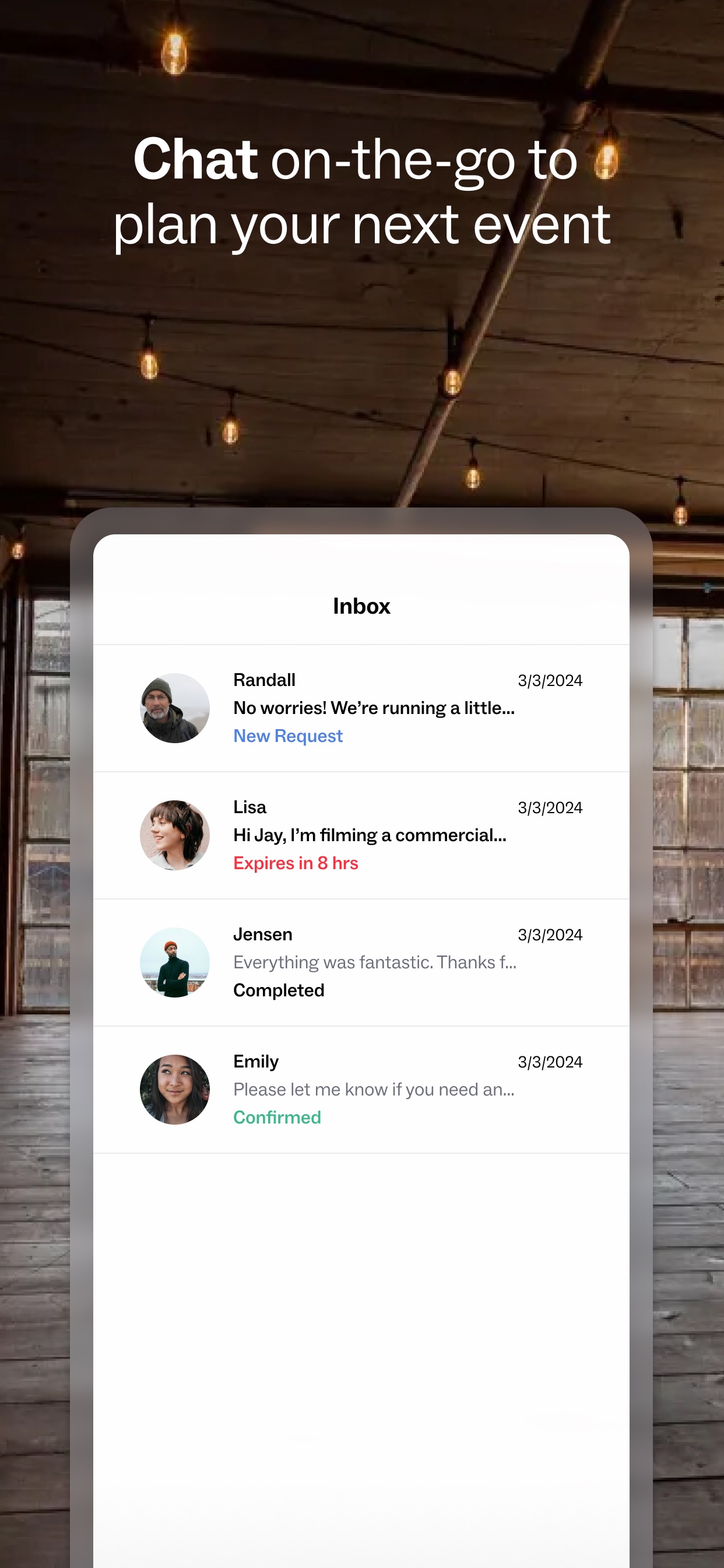 Peerspace App Store screenshot: Chat on-the-go to plan your next event