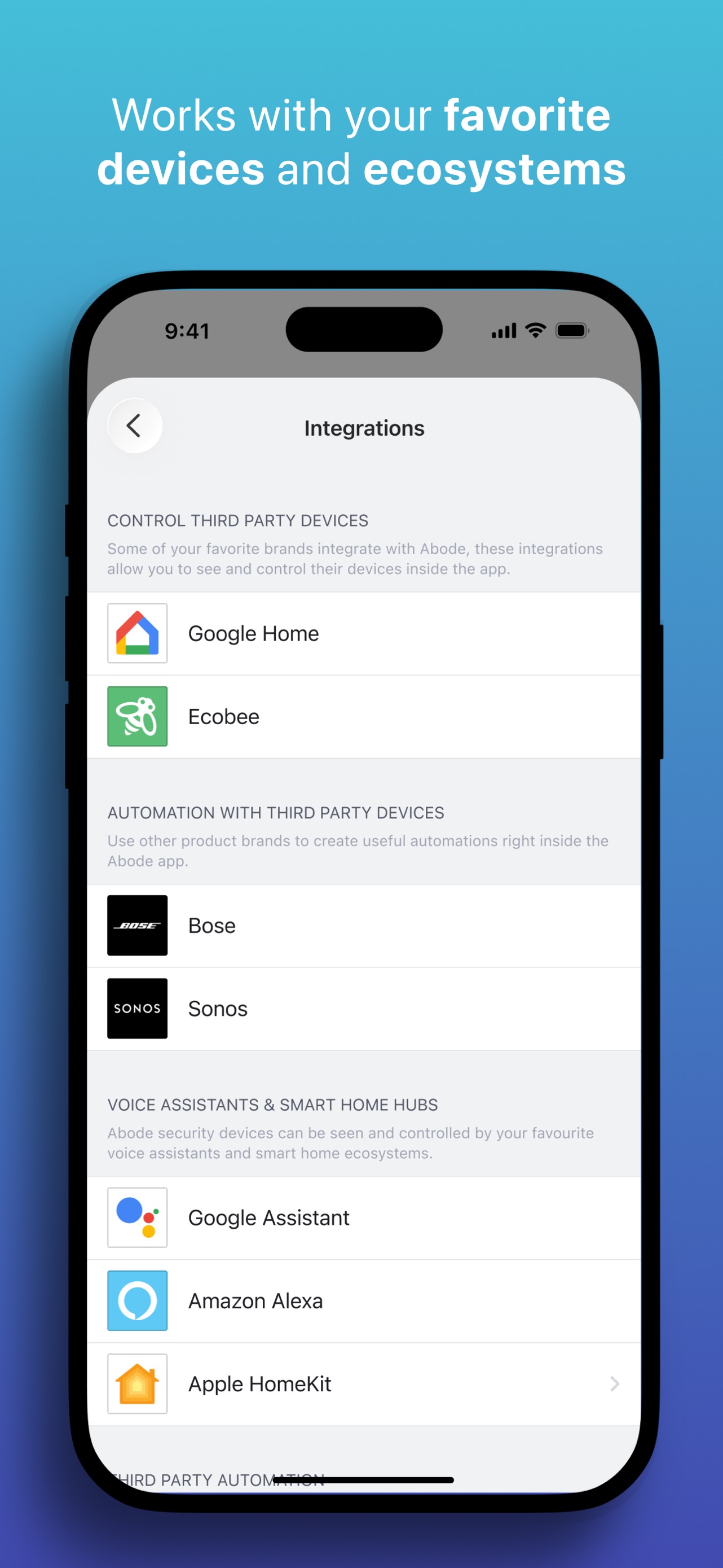 Abode App Store screenshot: Works with your favorite devices and ecosystems