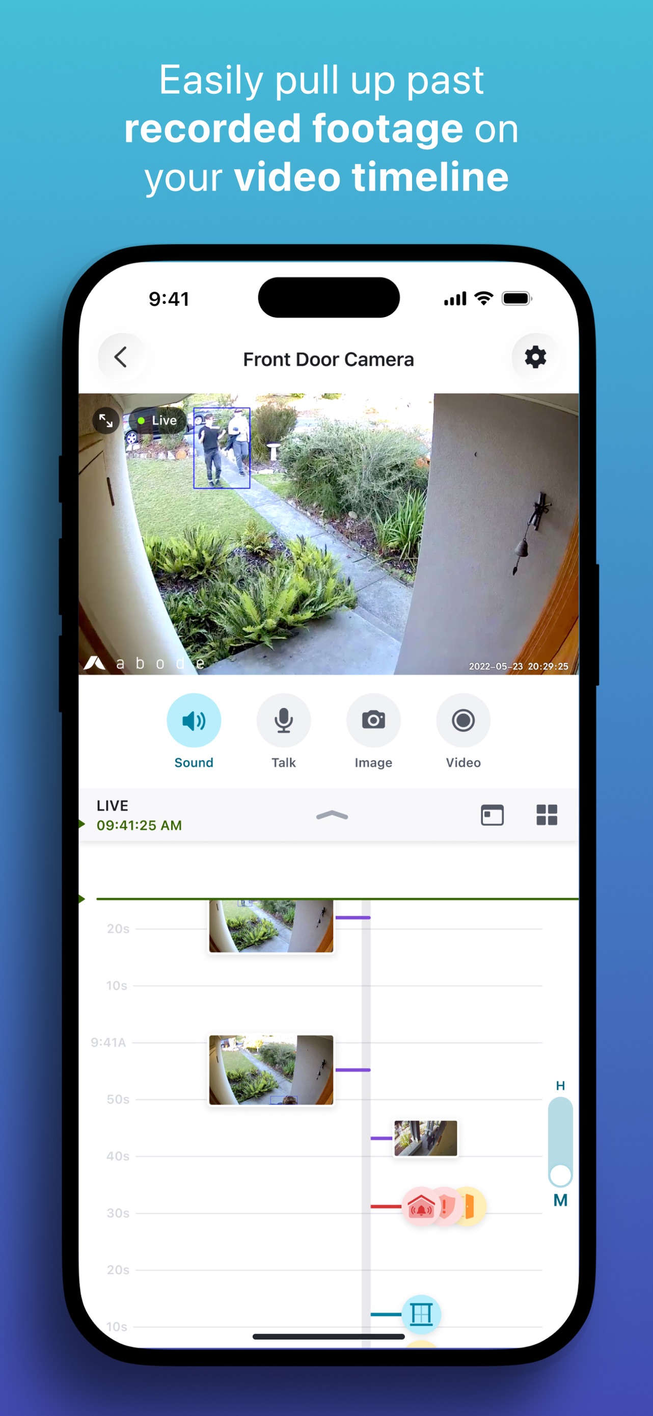 Abode App Store screenshot 6: Easily pull up past recorded footage on your video timeline