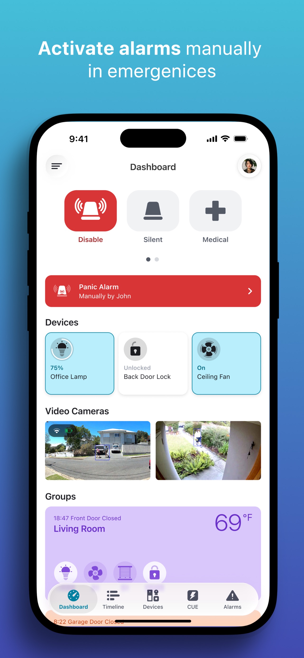 Abode App Store screenshot: Activate alarms manually in emergenices