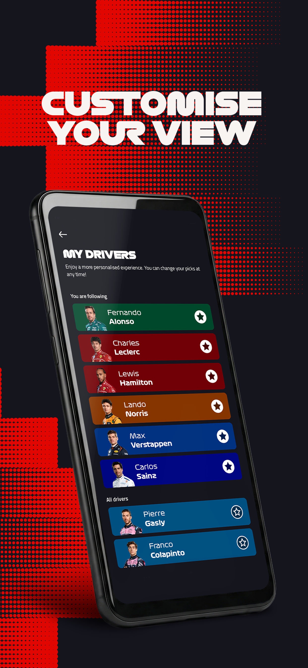 Formula 1® App Store screenshot: CUSTOMISE YOUR VIEW