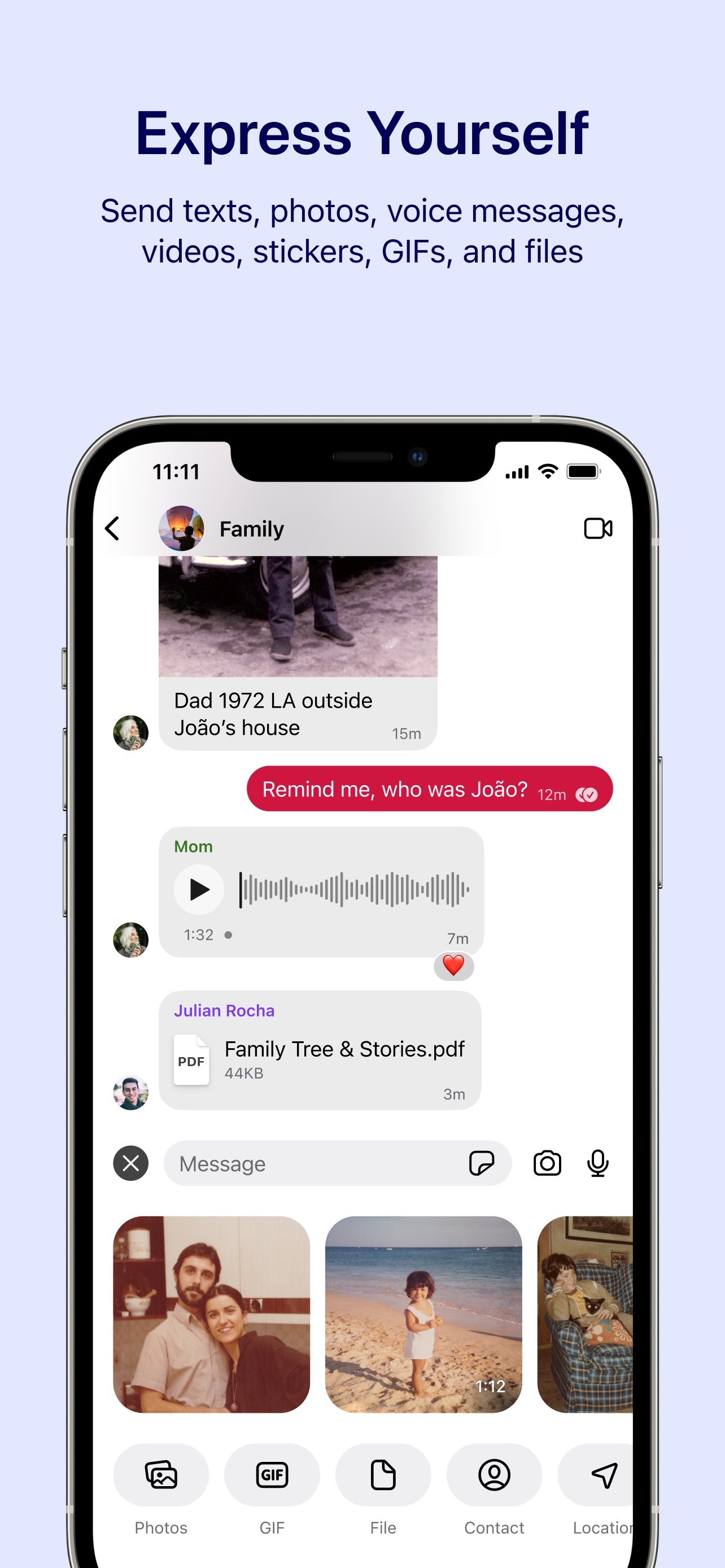 Signal App Store screenshot 5: Express Yourself Send texts, photos, voice messages, videos, stickers, GIFs, and files