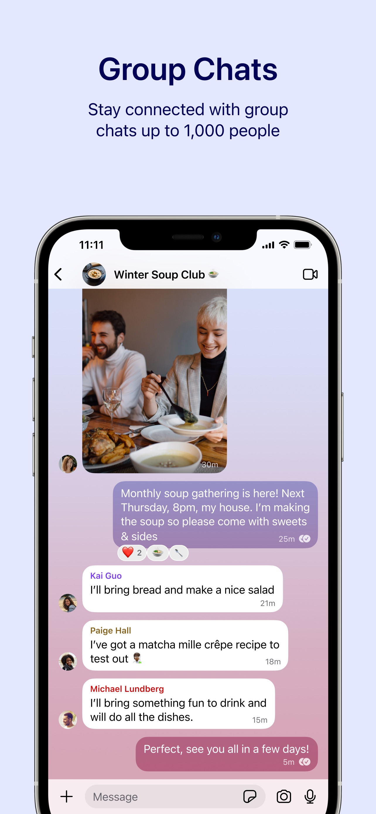 Signal App Store screenshot: Group Chats Stay connected with group chats up to 1,000 people