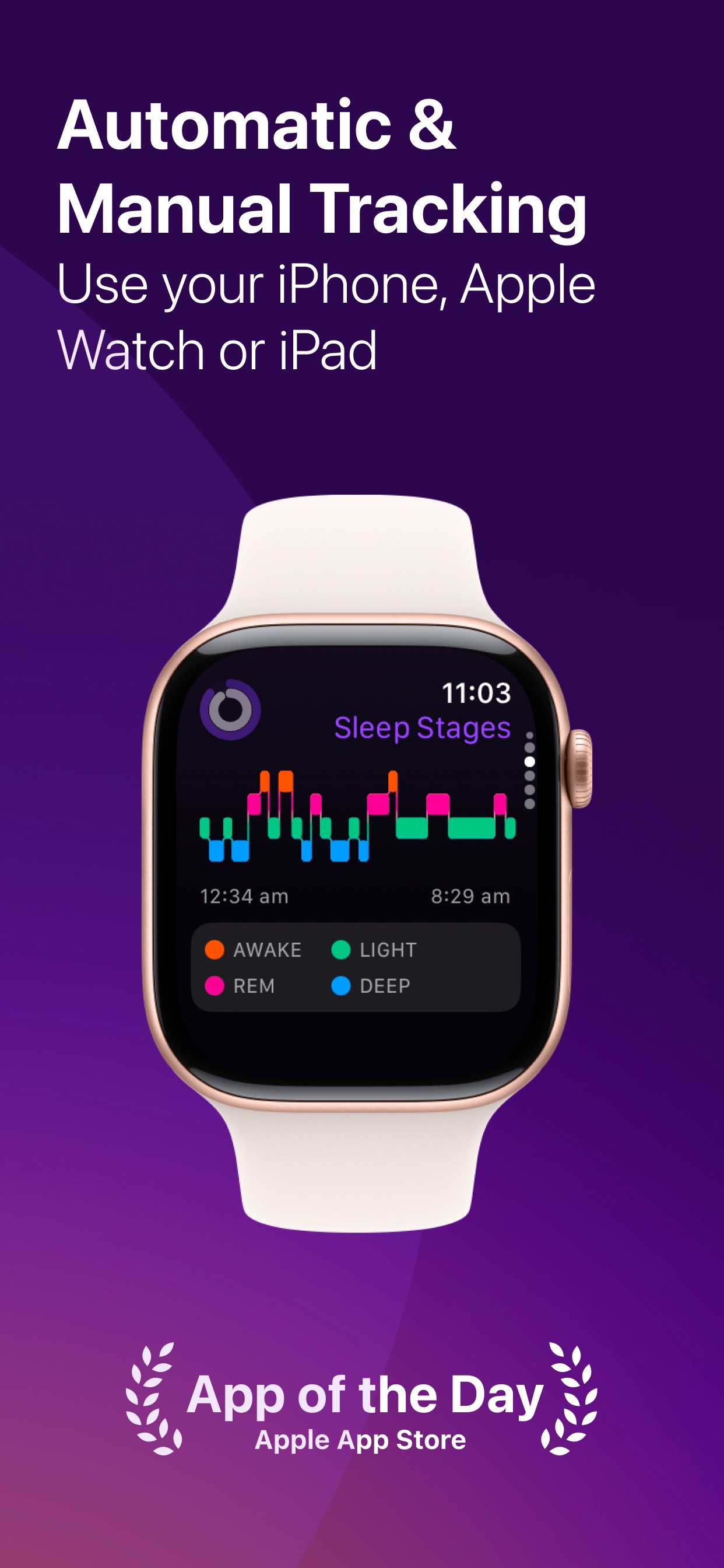 Pillow App Store screenshot: Automatic & Manual Tracking Use your iPhone, Apple Watch or iPad App of the Day Apple App Store