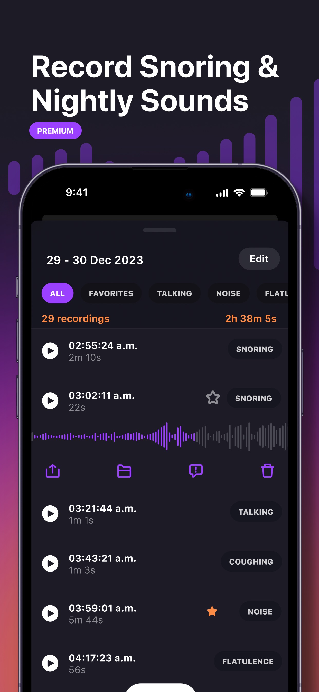Pillow App Store screenshot: Record Snoring & Nightly Sounds PREMIUM