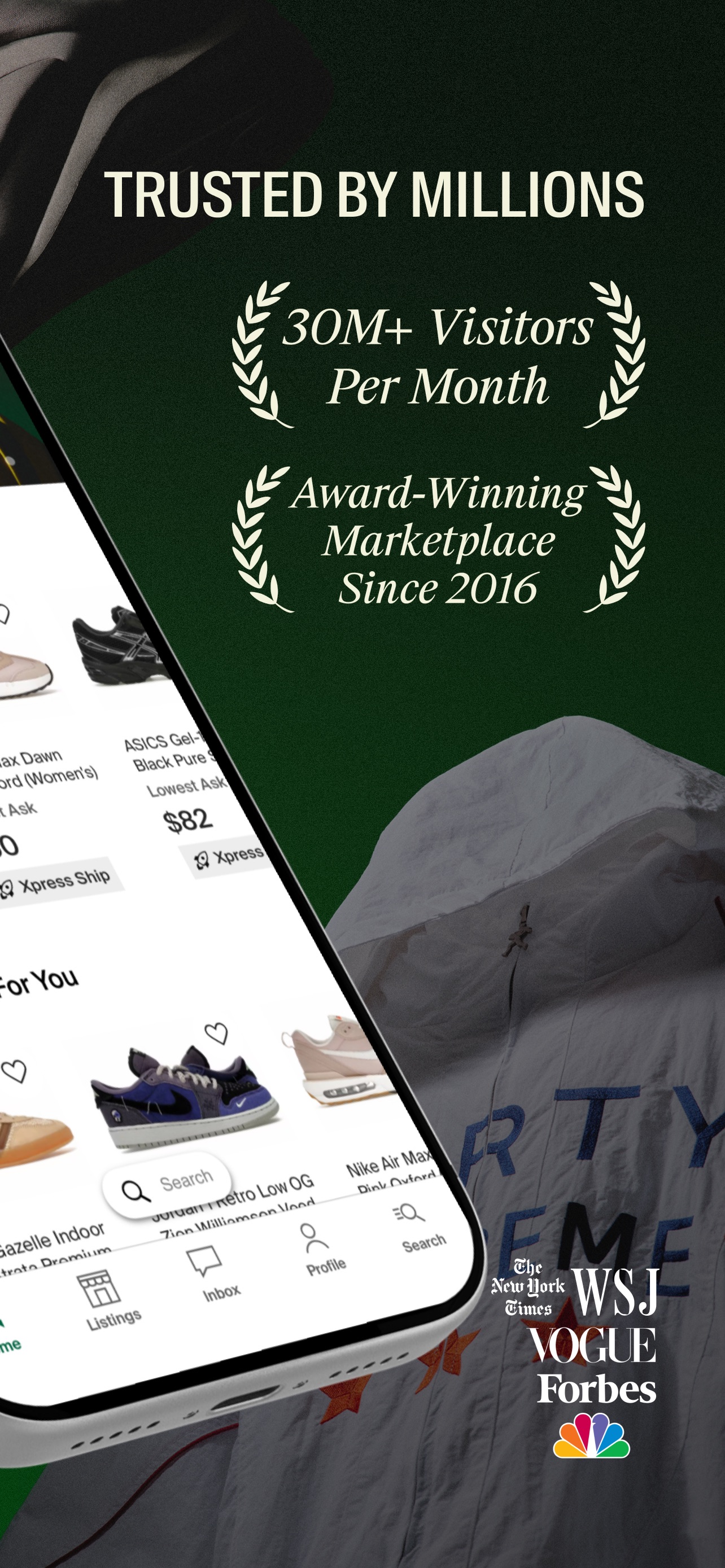 StockX App Store screenshot: TRUSTED BY MILLIONS

30M+ Visitors Per Month

Award-Winning Marketplace Since 2016