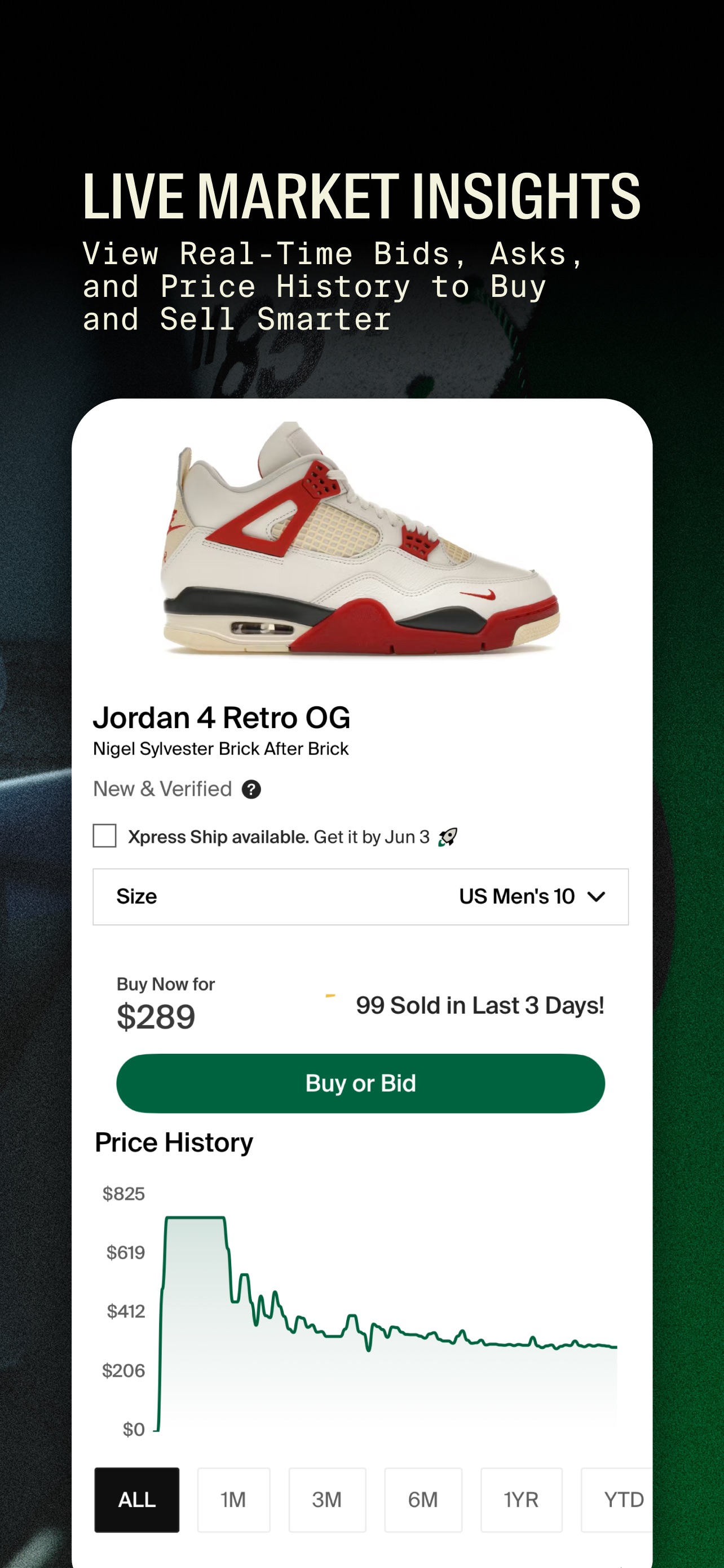 StockX App Store screenshot 5: LIVE MARKET INSIGHTS
View Real-Time Bids, Asks, and Price History to Buy and Sell Smarter