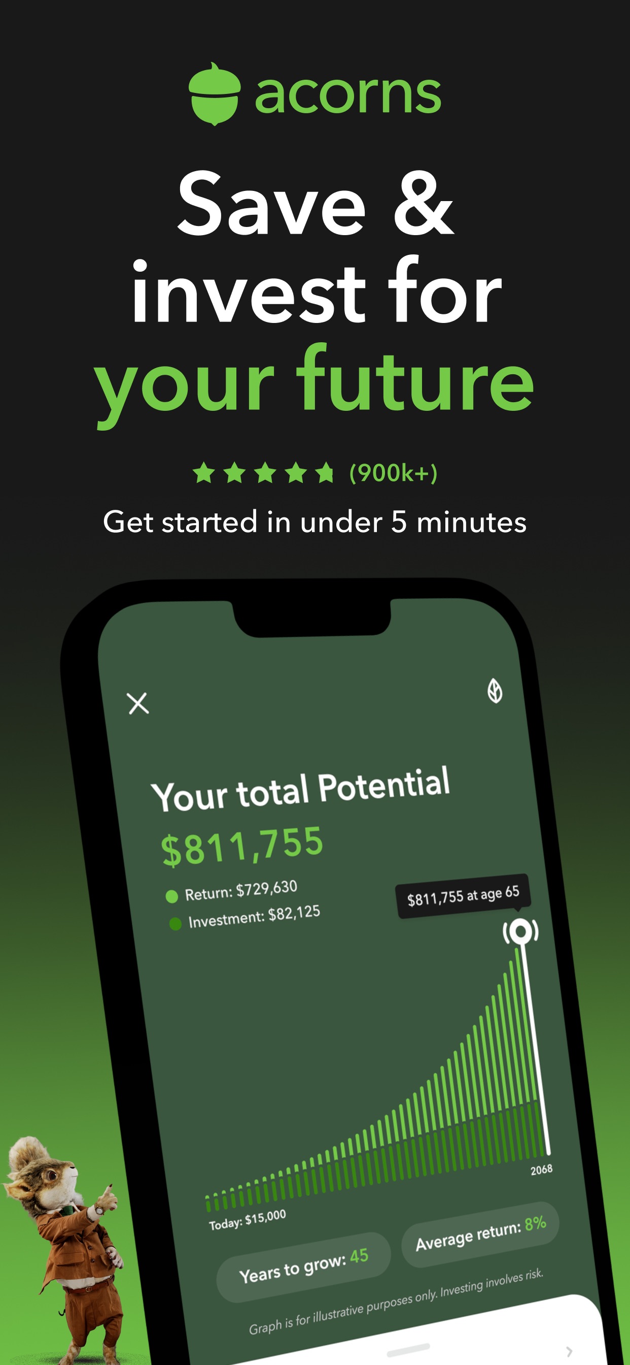 Acorns App Store screenshot: Save & invest for your future. Get started in under 5 minutes